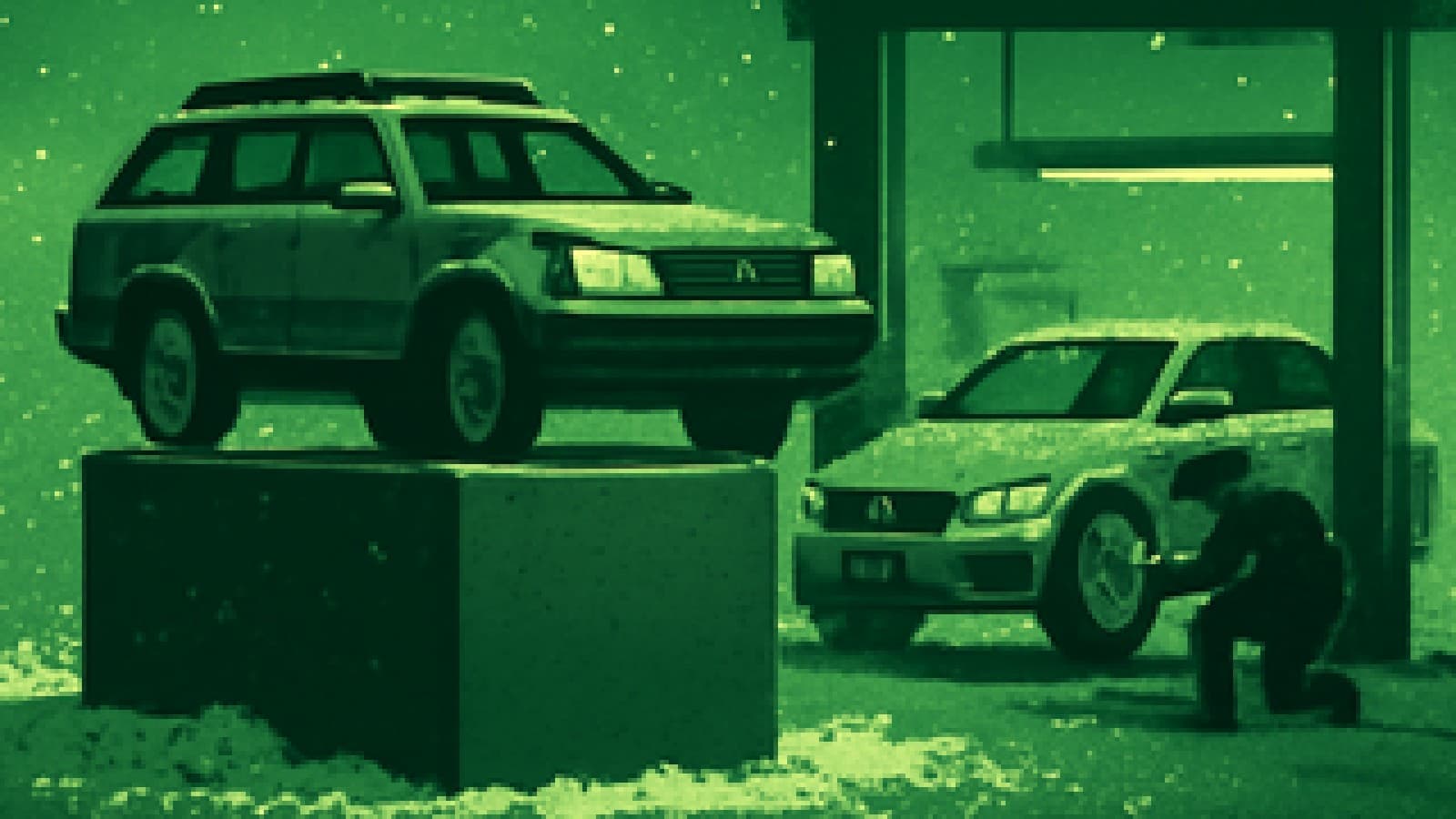 A mud-spattered estate car on a winner's podium in the snow while a sleek luxury sedan waits in a repair bay.