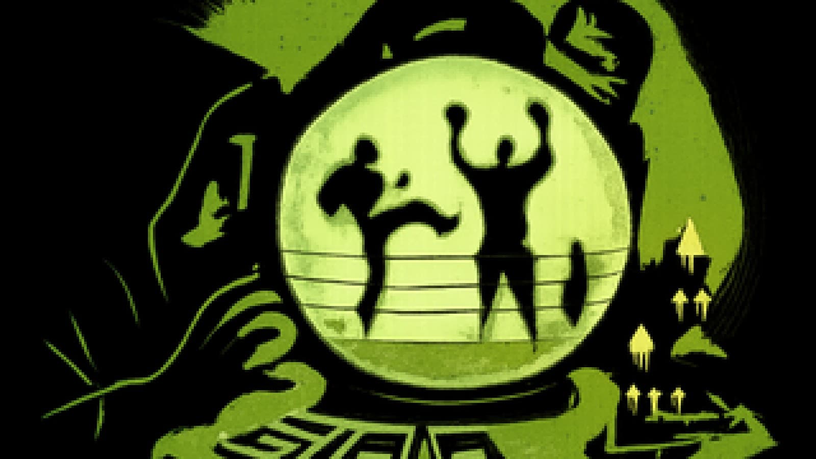Pixel art of a crystal ball showing a victorious Muay Thai fighter with a Taekwondo kicker close behind, surrounded by candles and tarot cards.