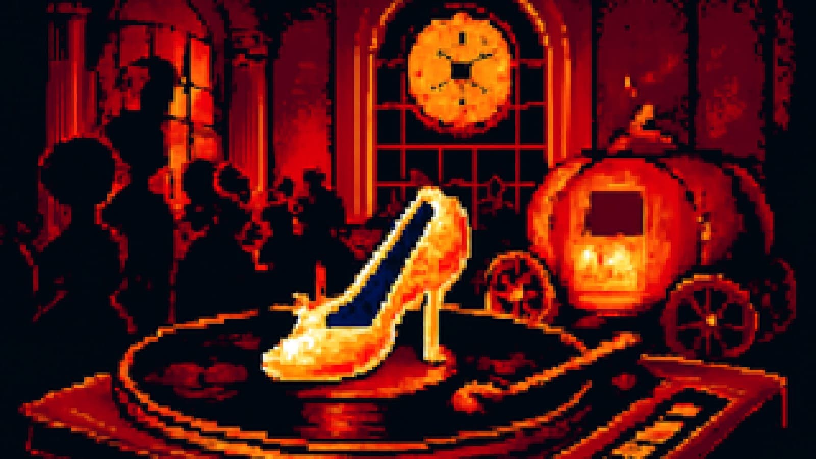 Pixel art of a glass slipper spinning on a record player in a ballroom at midnight, a pumpkin carriage beside a DJ booth.