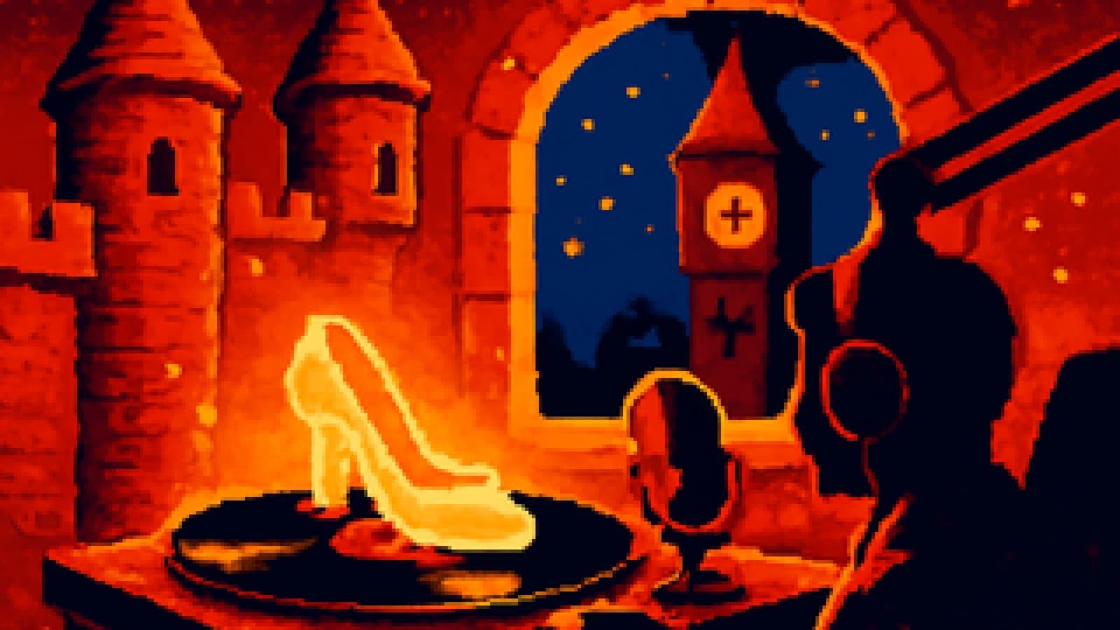 Pixel art of a glass slipper on a spinning record in a castle-themed radio studio at midnight.