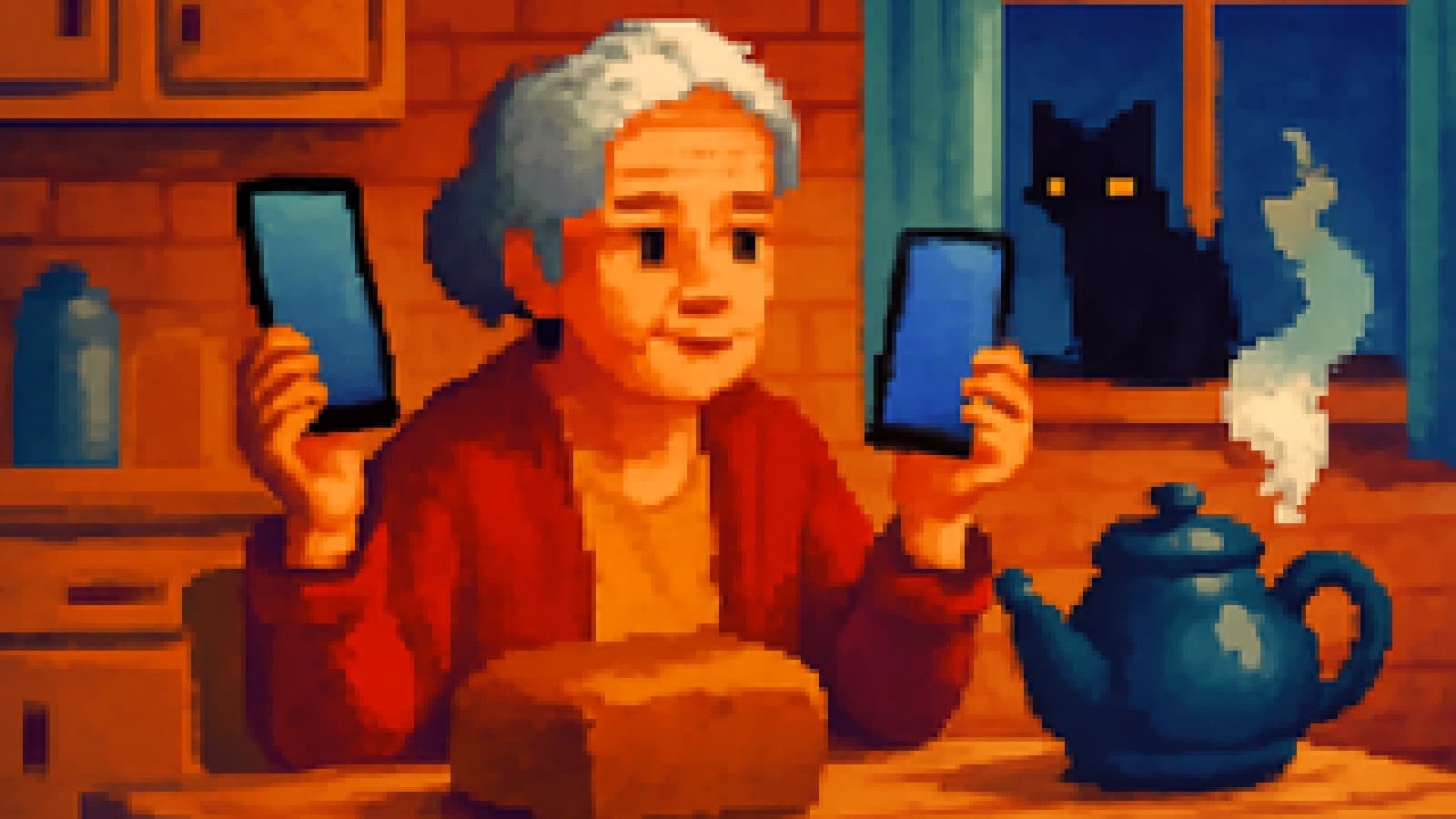 Pixel-art grandmother at a kitchen table comparing two smartphones while a cat watches.