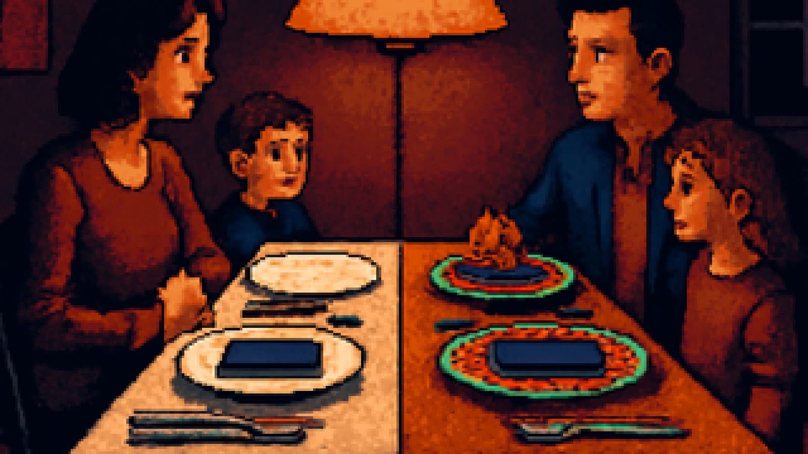 Pixel-art dinner table divided into two styles, with a smartphone set at each side.