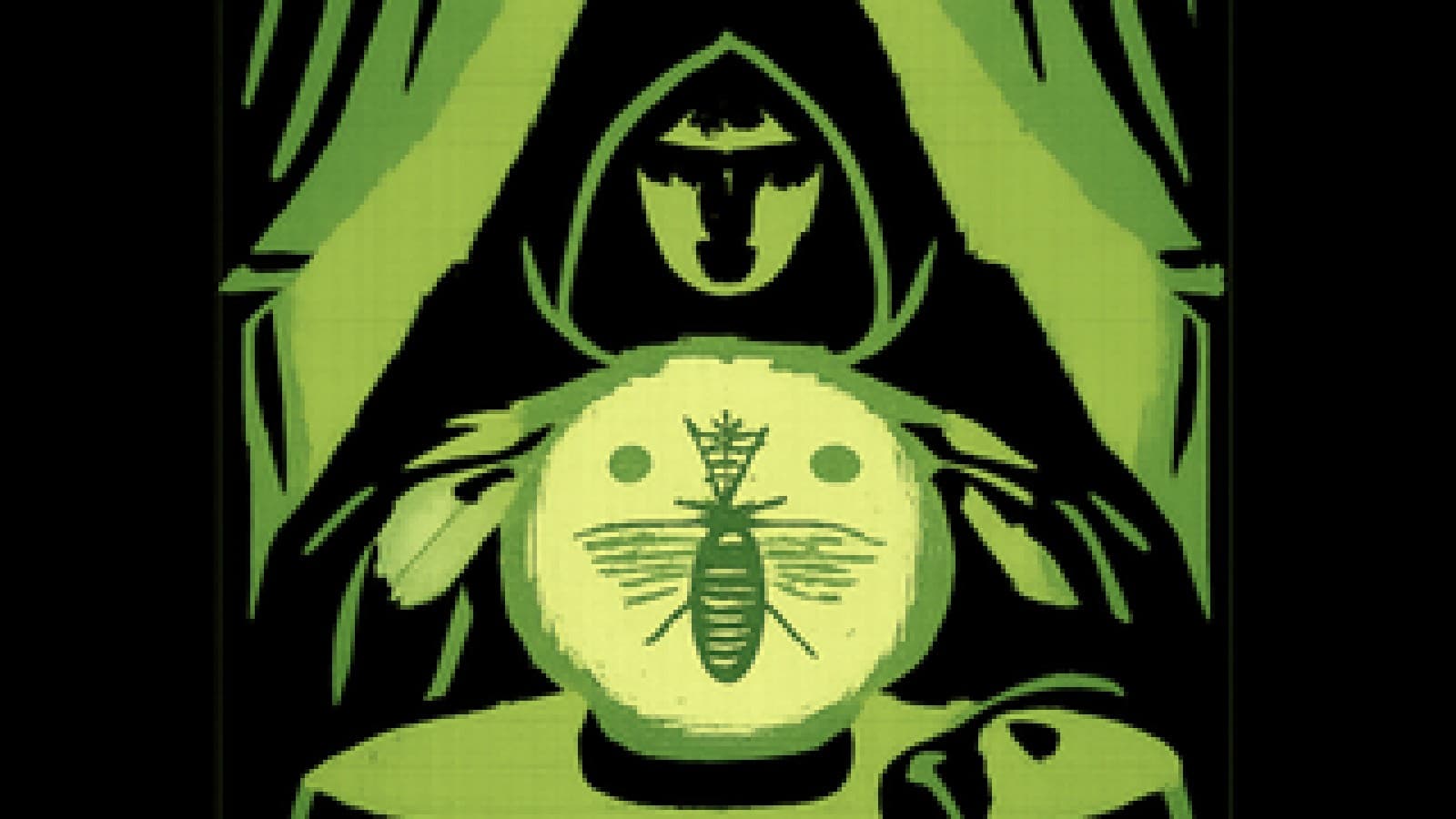 Pixel-art fortune teller's crystal ball showing a crowned honeybee surrounded by floating phone hearts and a drooping rose