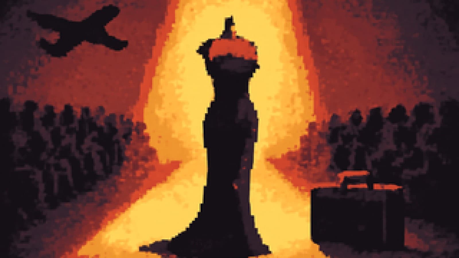 Pixel-art runway with a black gown in the spotlight and a shadowy airplane silhouette in the dark background.