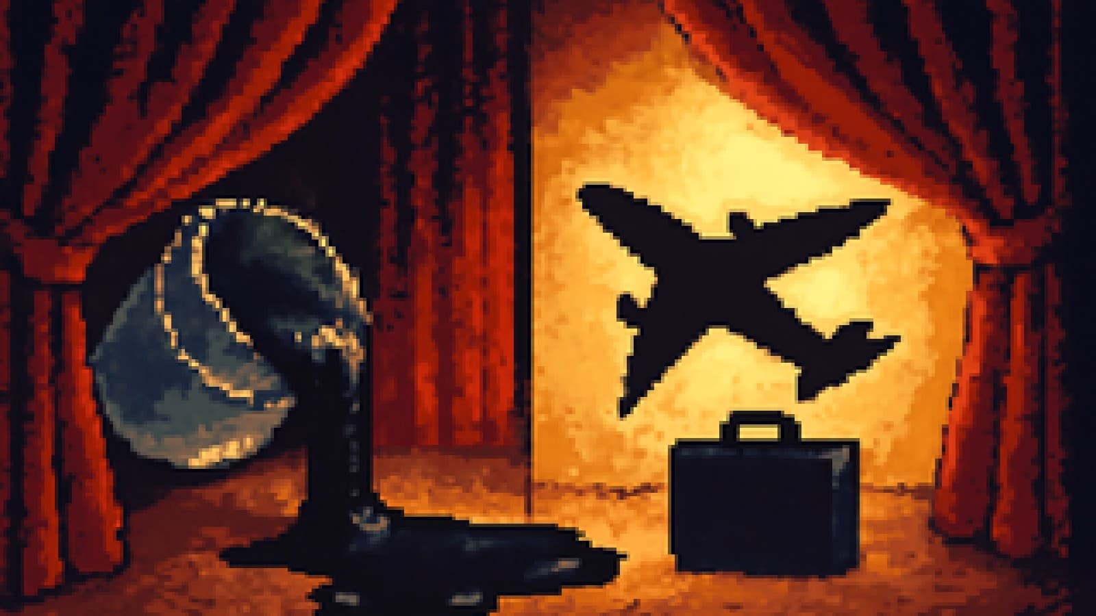 Pixel-art stage showing spilled black paint on one side and a shadowy airplane with a dark briefcase on the other, framed by velvet curtains.