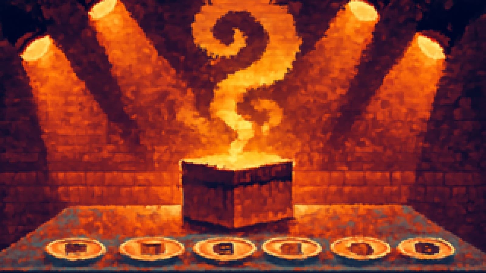 Pixel-art mystery box on a cooking-show counter with steam swirling out and five plates waiting nearby.