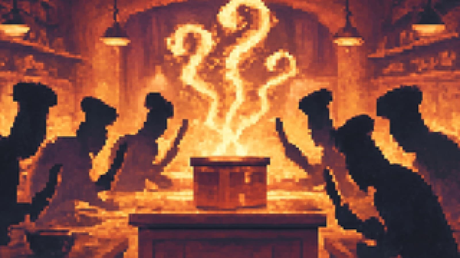 Pixel-art cooking competition with a glowing mystery box on the judges' counter and chefs crowding around it.