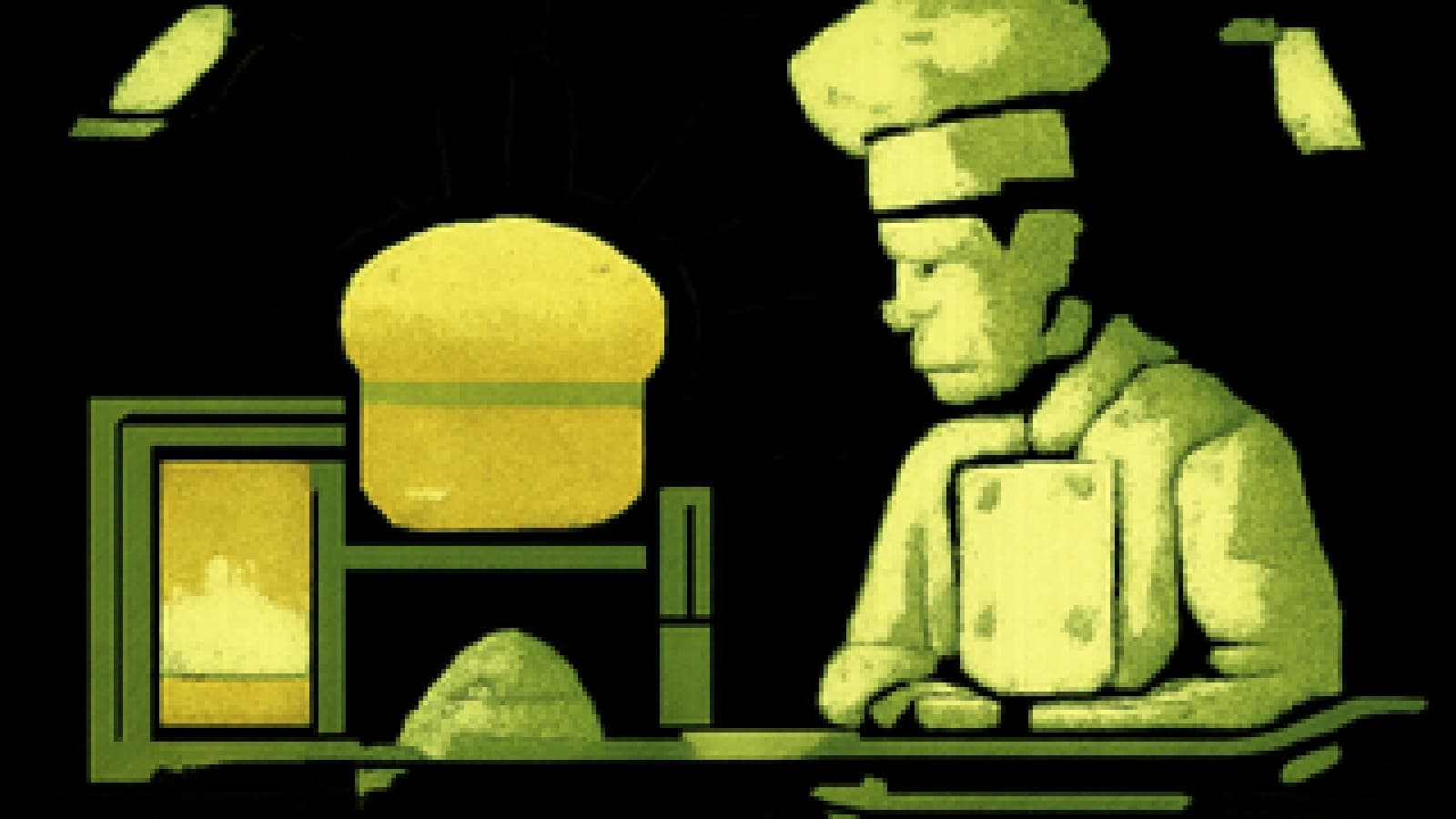 Pixel-art kitchen where a coin-shaped soufflé rises from an oven next to a deflated grey sauce in a pan.