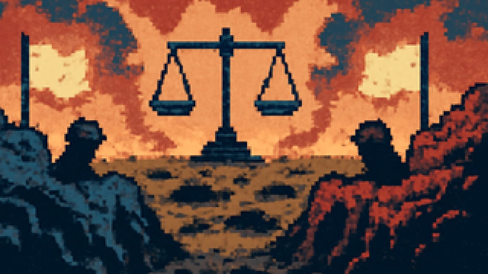 Pixel-art battlefield with two opposing trenches and a level balance scale in no-man's-land