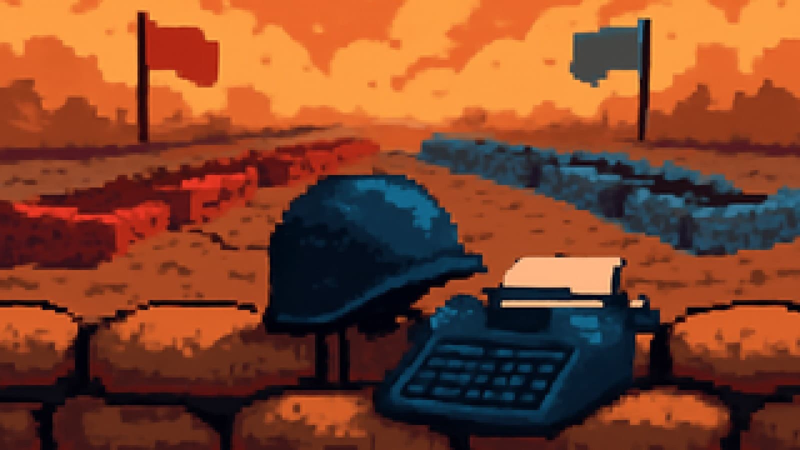 Pixel-art war correspondent's post overlooking two evenly matched trenches under a smoky sky
