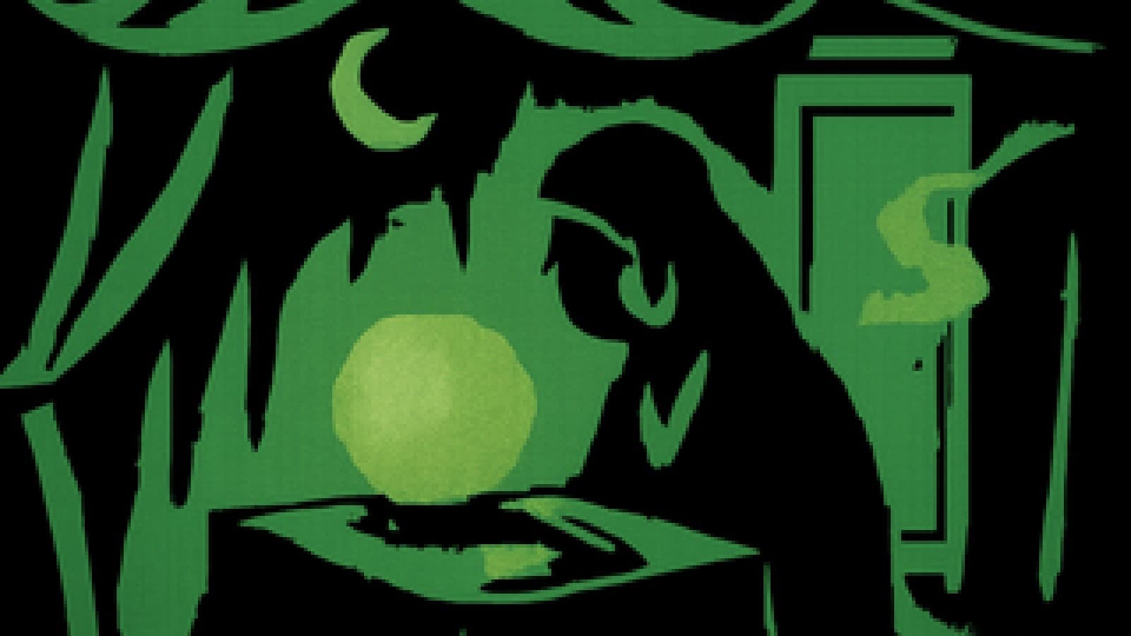 Pixel-art fortune teller's table with a glowing crystal ball, a bent spoon and drifting gauze.