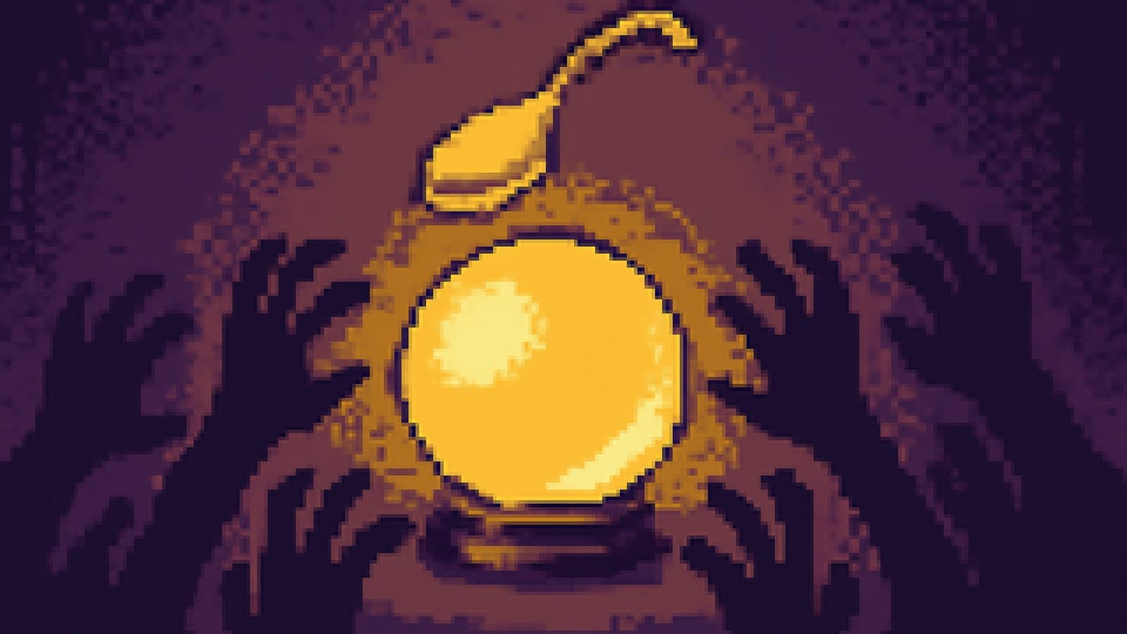 Pixel-art crystal ball on velvet with a floating bent spoon and silhouetted hands reaching toward it.
