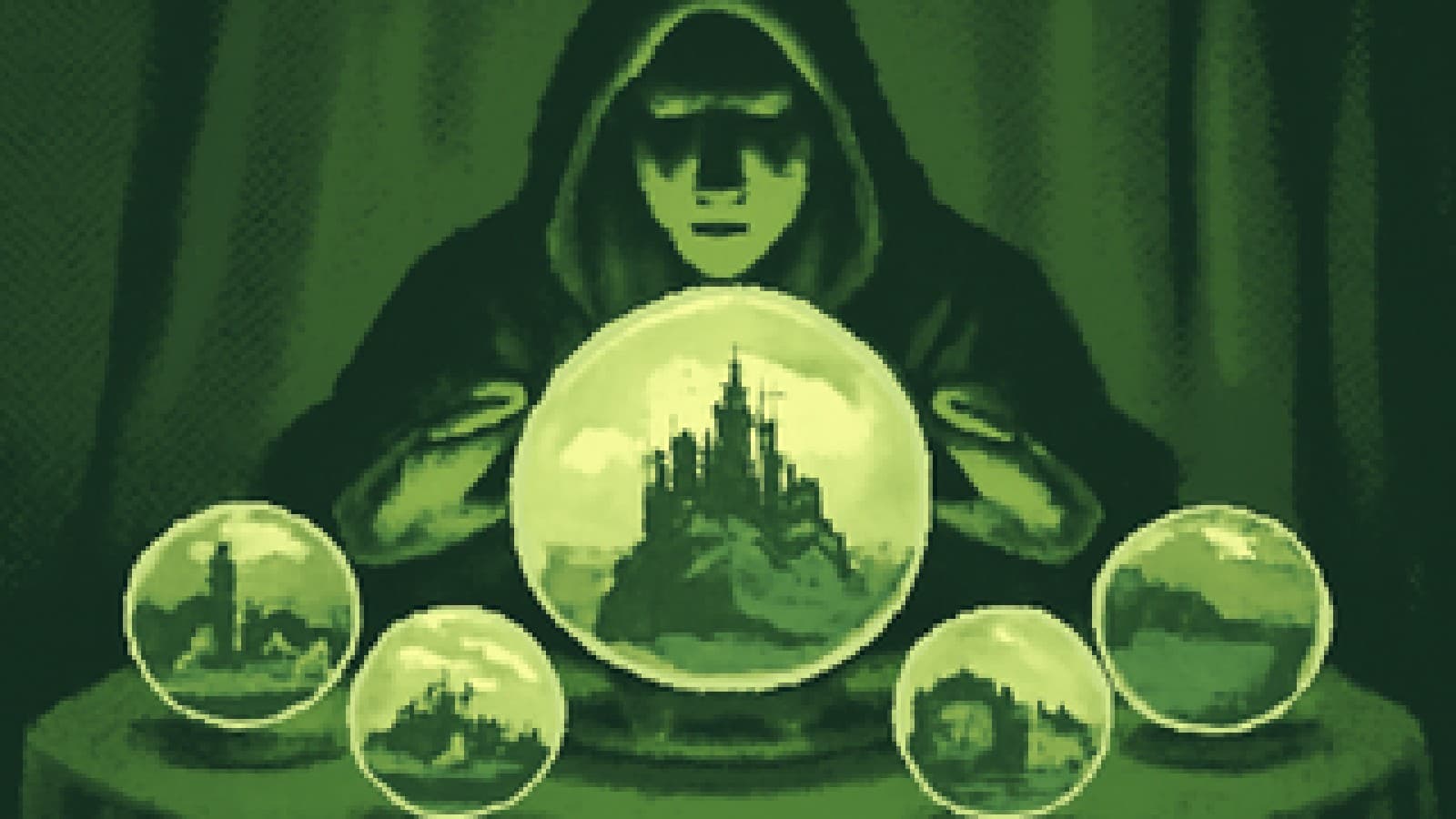 A crystal ball showing a hilltop castle town, surrounded by smaller orbs showing four other small towns