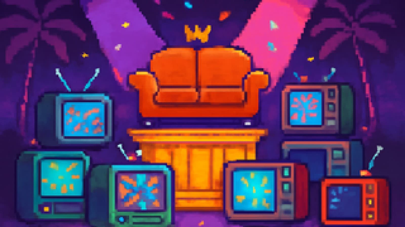 A crowned orange couch on a pedestal surrounded by glowing TV sets and confetti