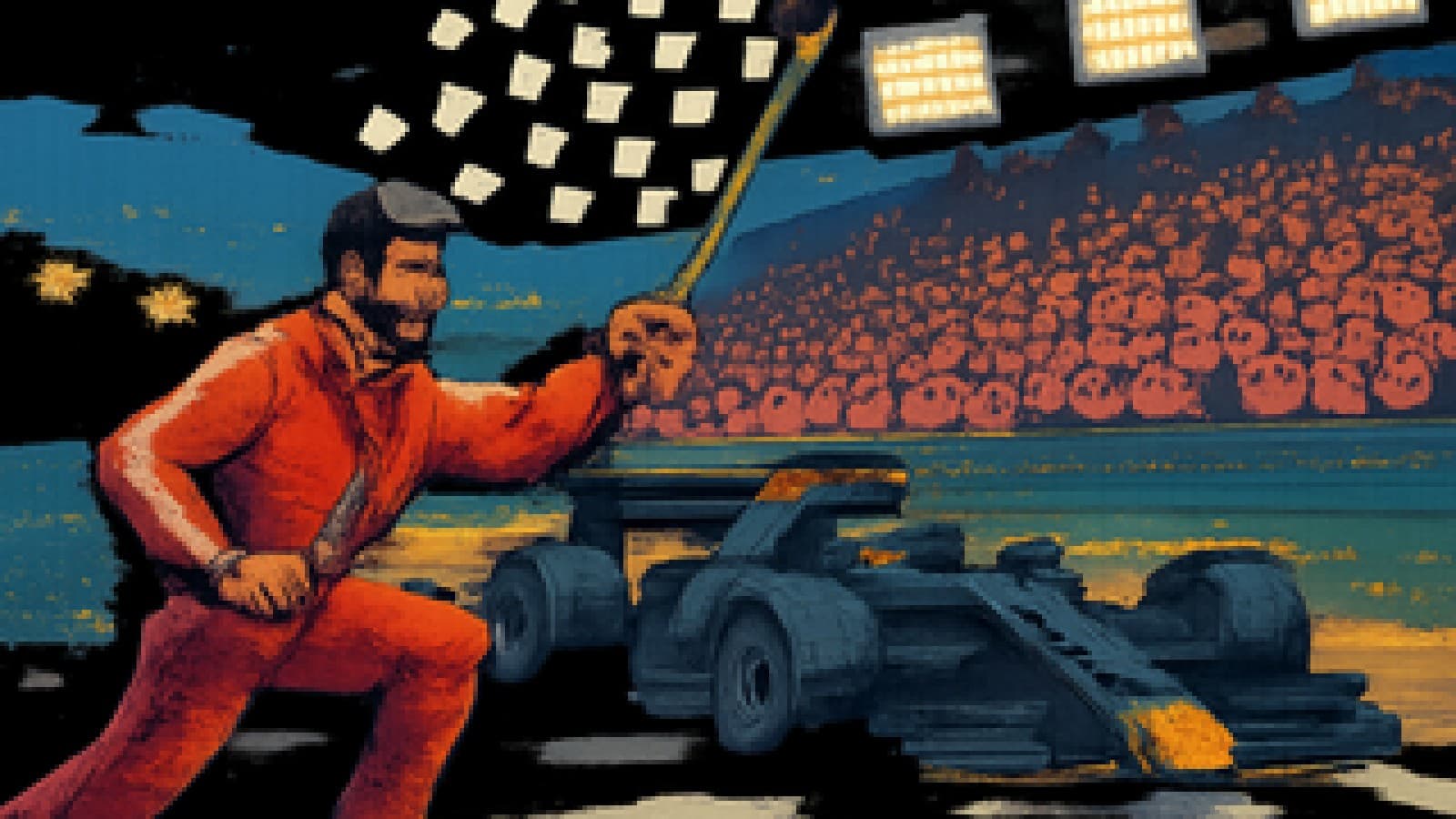 Pixel-art race car crossing a finish line while a gym coach waves a chequered flag and fans cheer.
