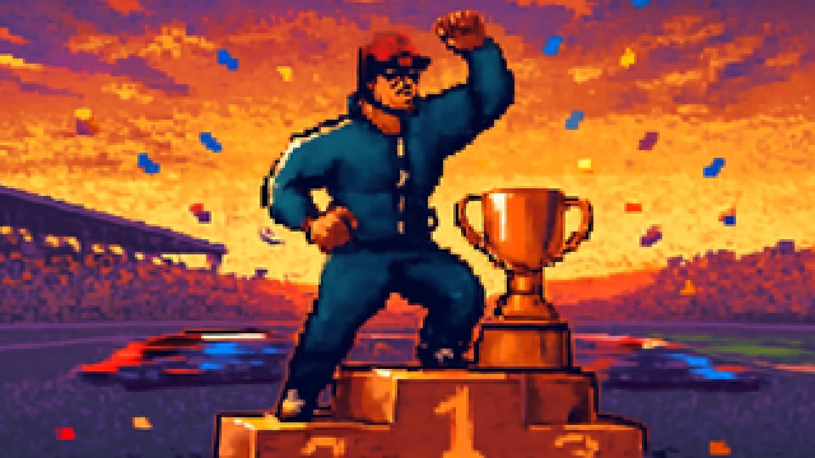 Pixel-art racetrack podium with a gold trophy, confetti and a cheering gym coach at sunset.
