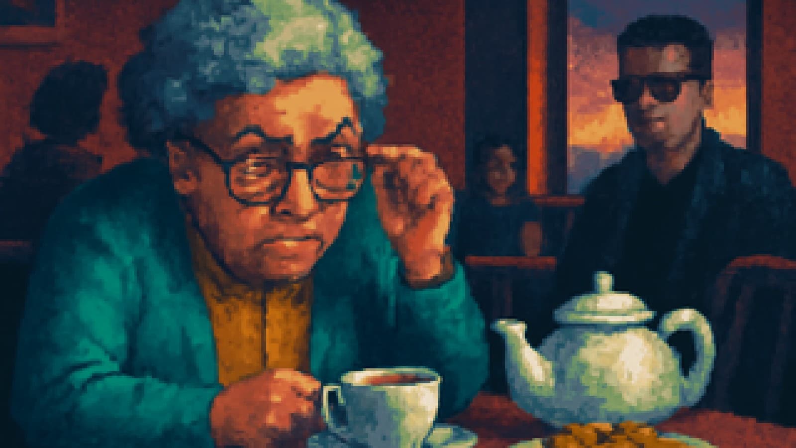 Pixel-art grandmother squinting at a stranger whose sunglasses have a tiny glowing light