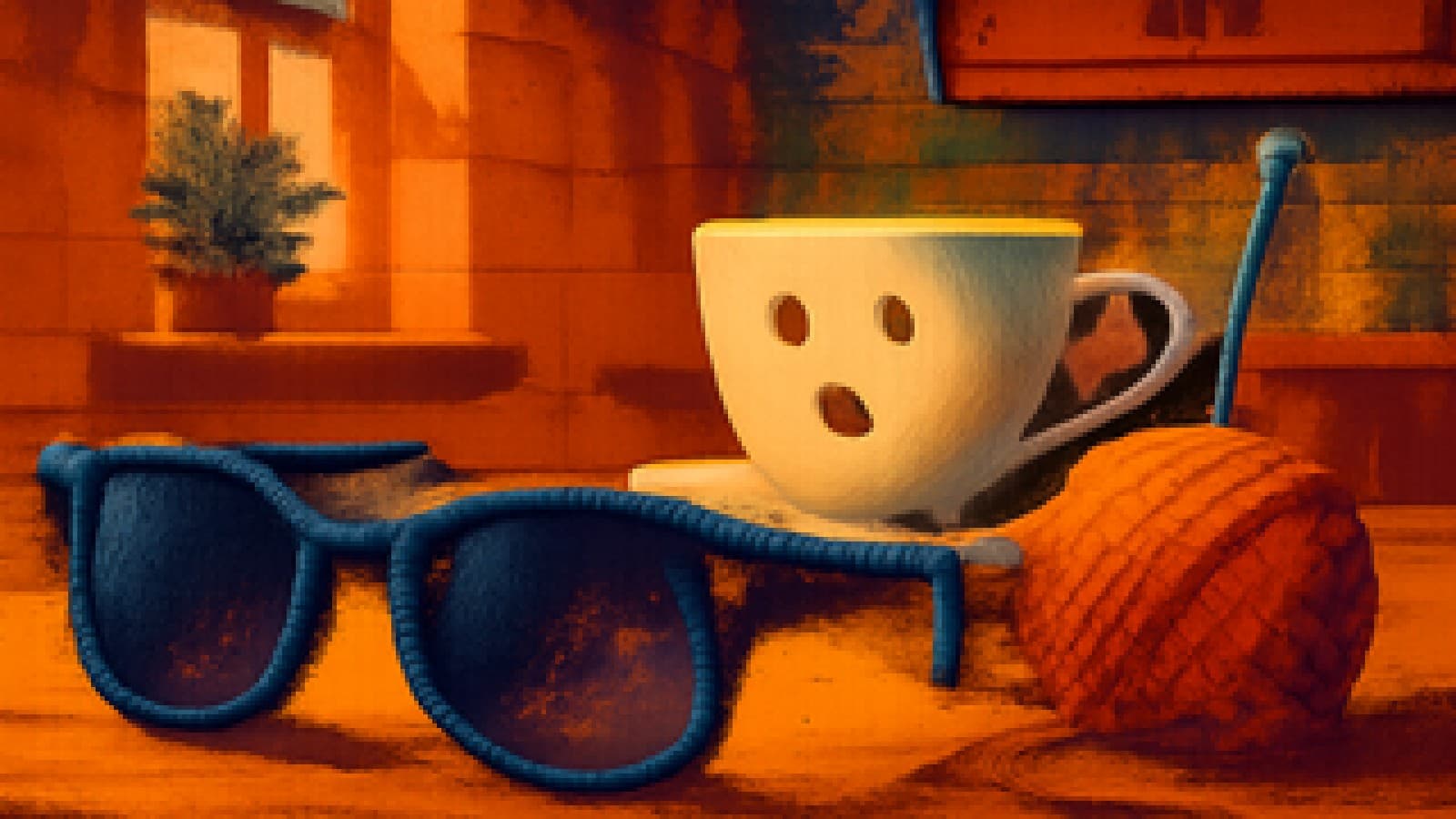Pixel-art smart sunglasses with a small glowing light sitting on a cosy café table beside a teacup and knitting yarn