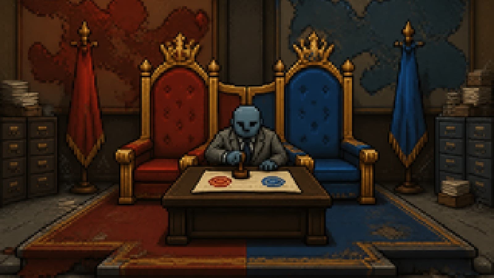 Two joined thrones in a government hall while a clerk stamps a document with two equal seals