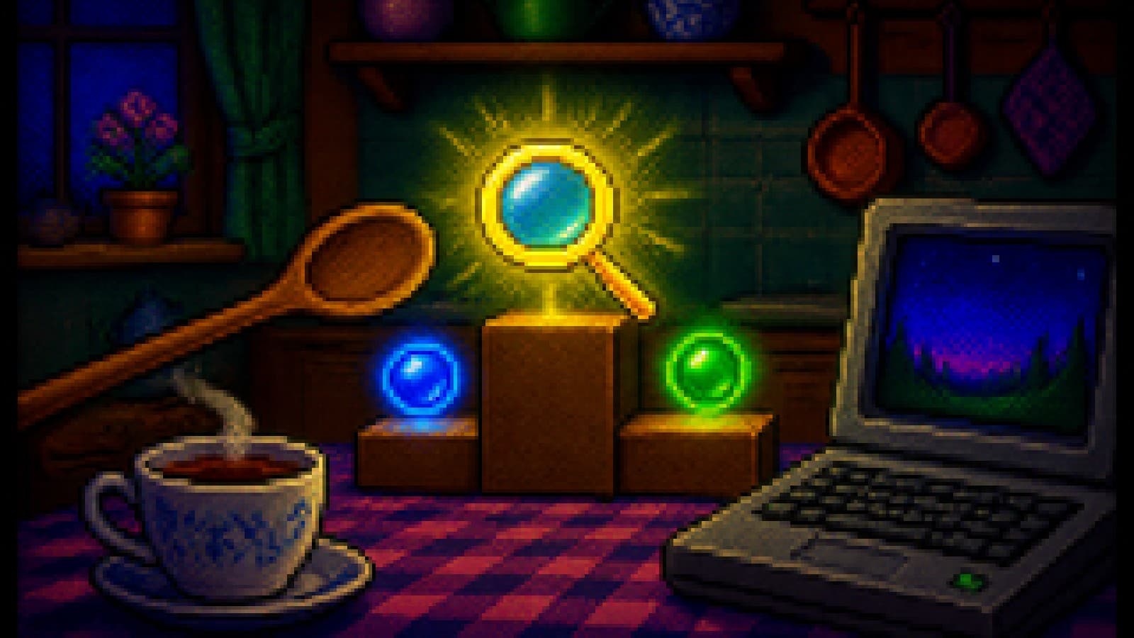 Kitchen-table podium with a glowing magnifying glass in first place beside a laptop and tea cup