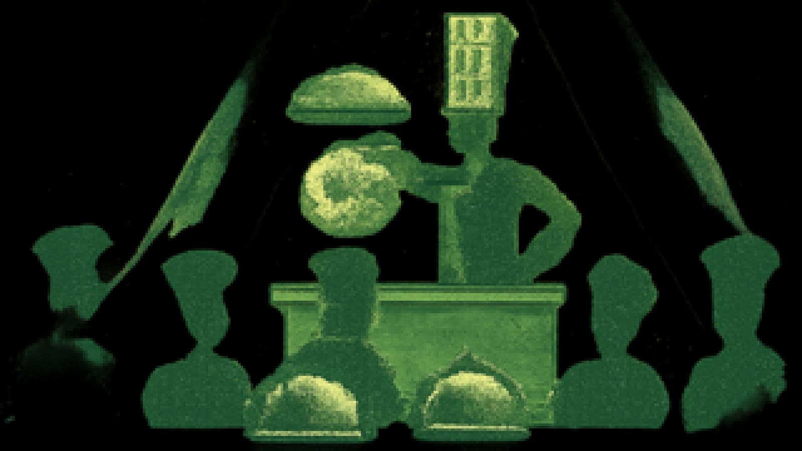 Pixel-art cooking show stage in red and black where a judge reveals a glowing football under a silver cloche