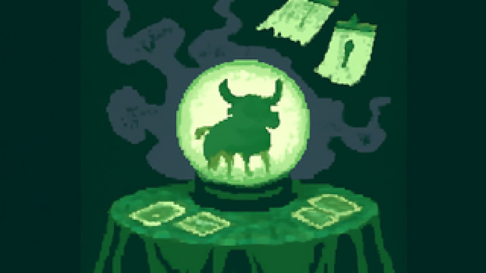 Pixel-art crystal ball with a misty bull silhouette and two calendar pages floating away
