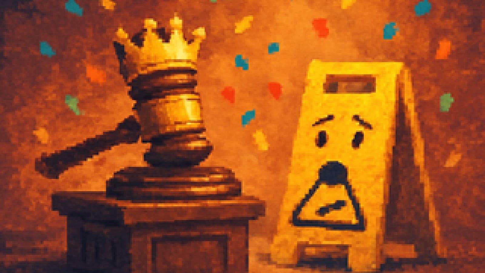 Pixel-art crowned gavel on a podium next to a shocked yellow wet-floor sign