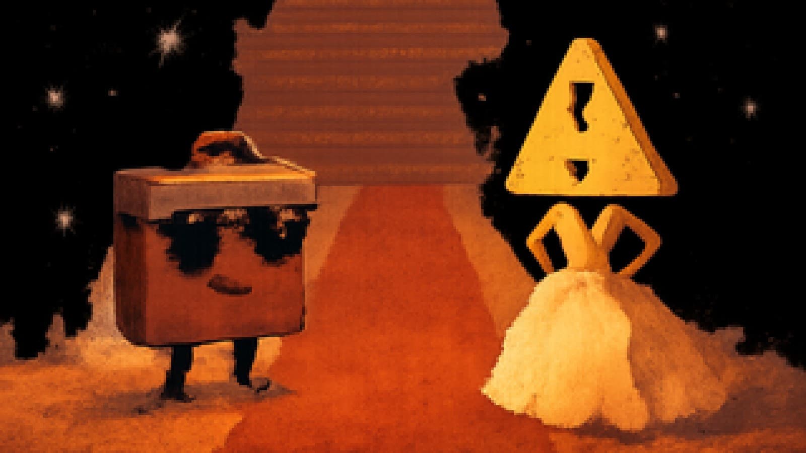 Pixel-art red carpet showdown between a briefcase in sunglasses and a warning triangle in a gown