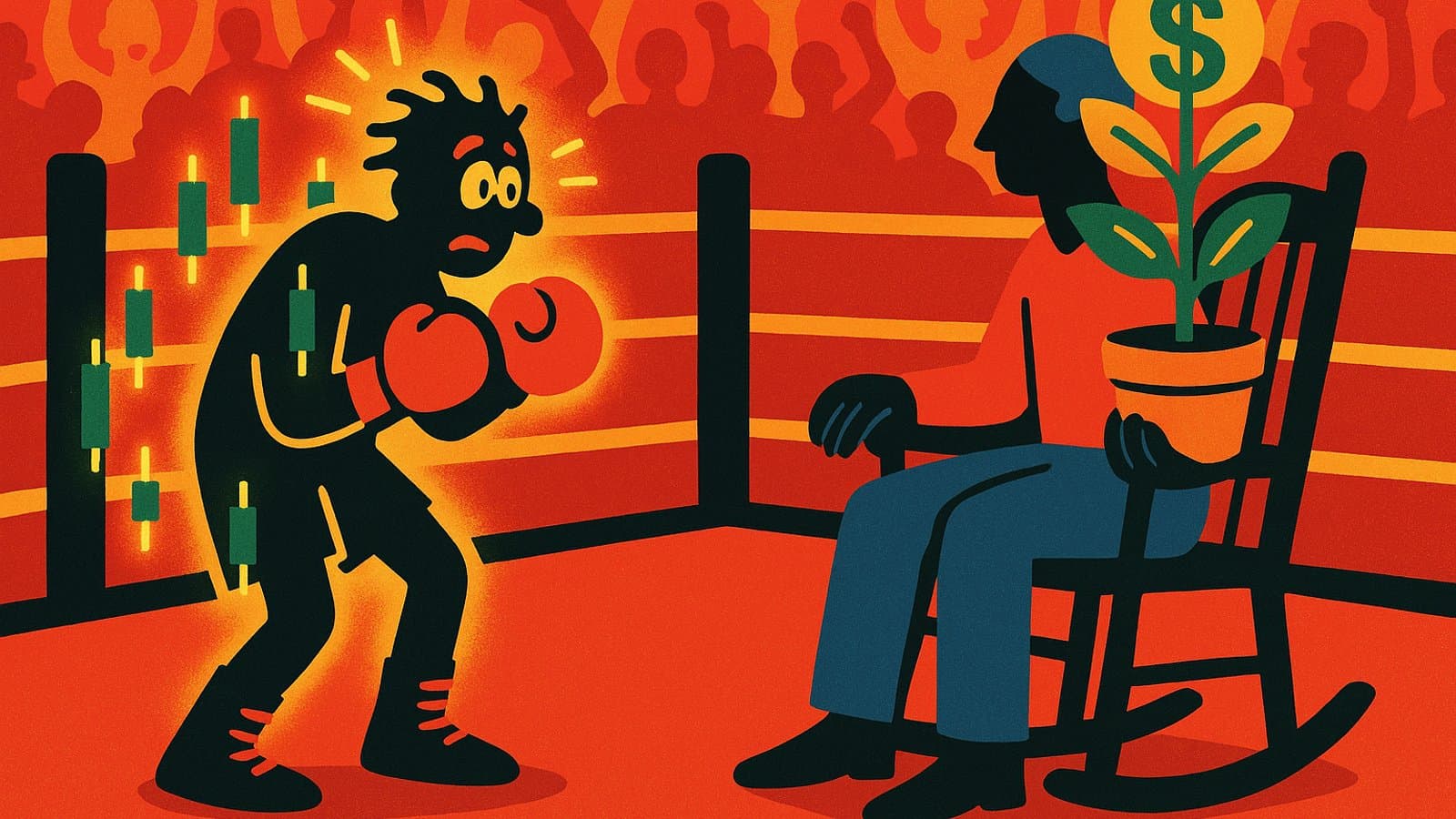 Cartoon boxing match between a frantic chart-watching trader and a relaxed long-term investor with a money tree