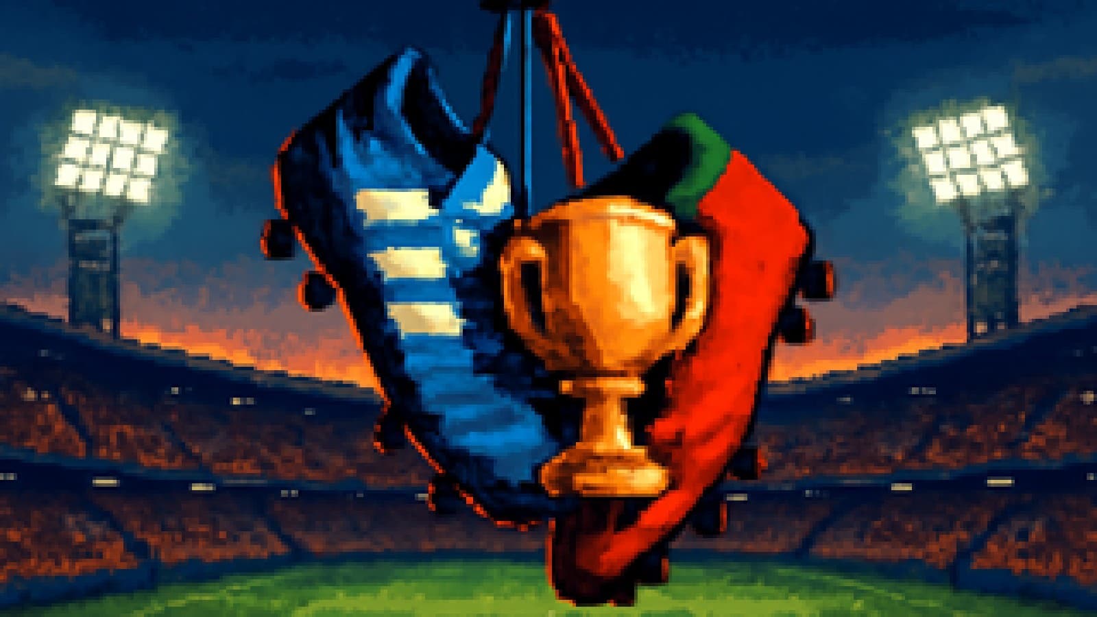 Pixel art of two pairs of football boots hanging together above an empty stadium, with a golden trophy between them