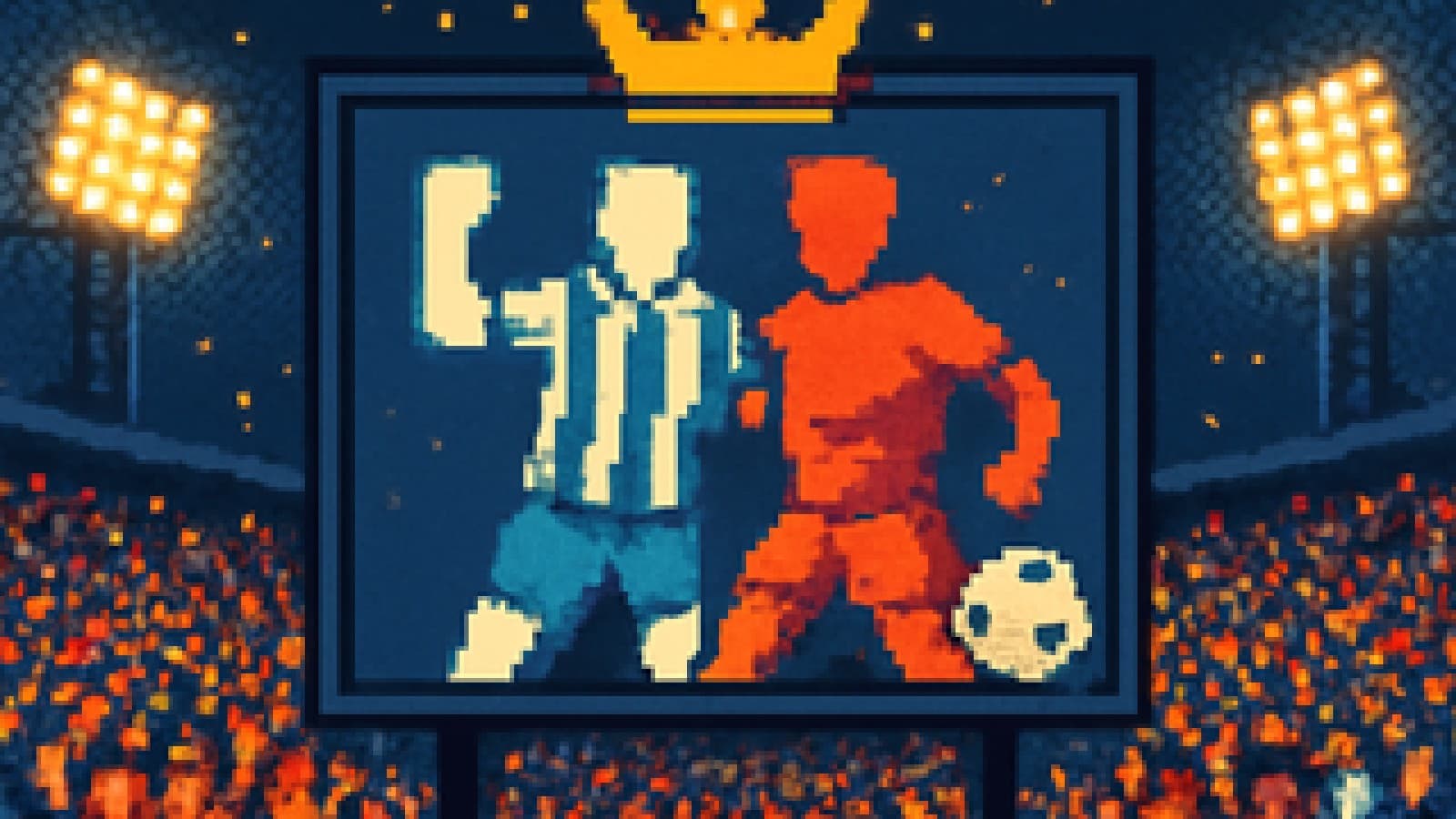 Pixel art of two footballer silhouettes under one shared golden crown in a packed stadium at night
