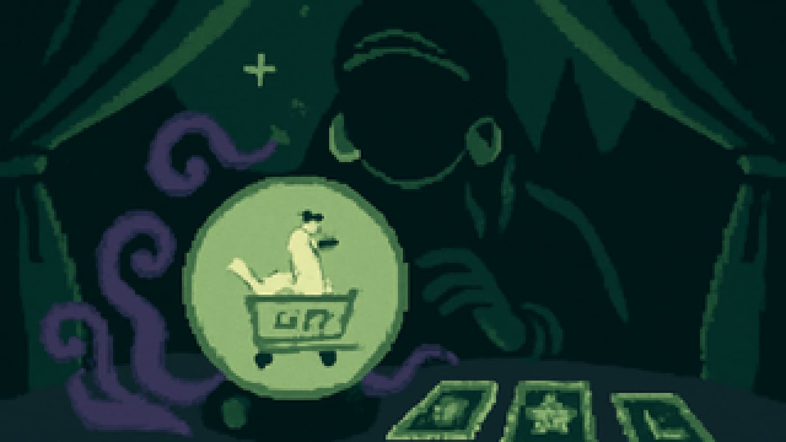 Pixel-art crystal ball showing a goose in a top hat riding a runaway shopping cart inside a misty fortune teller's tent.