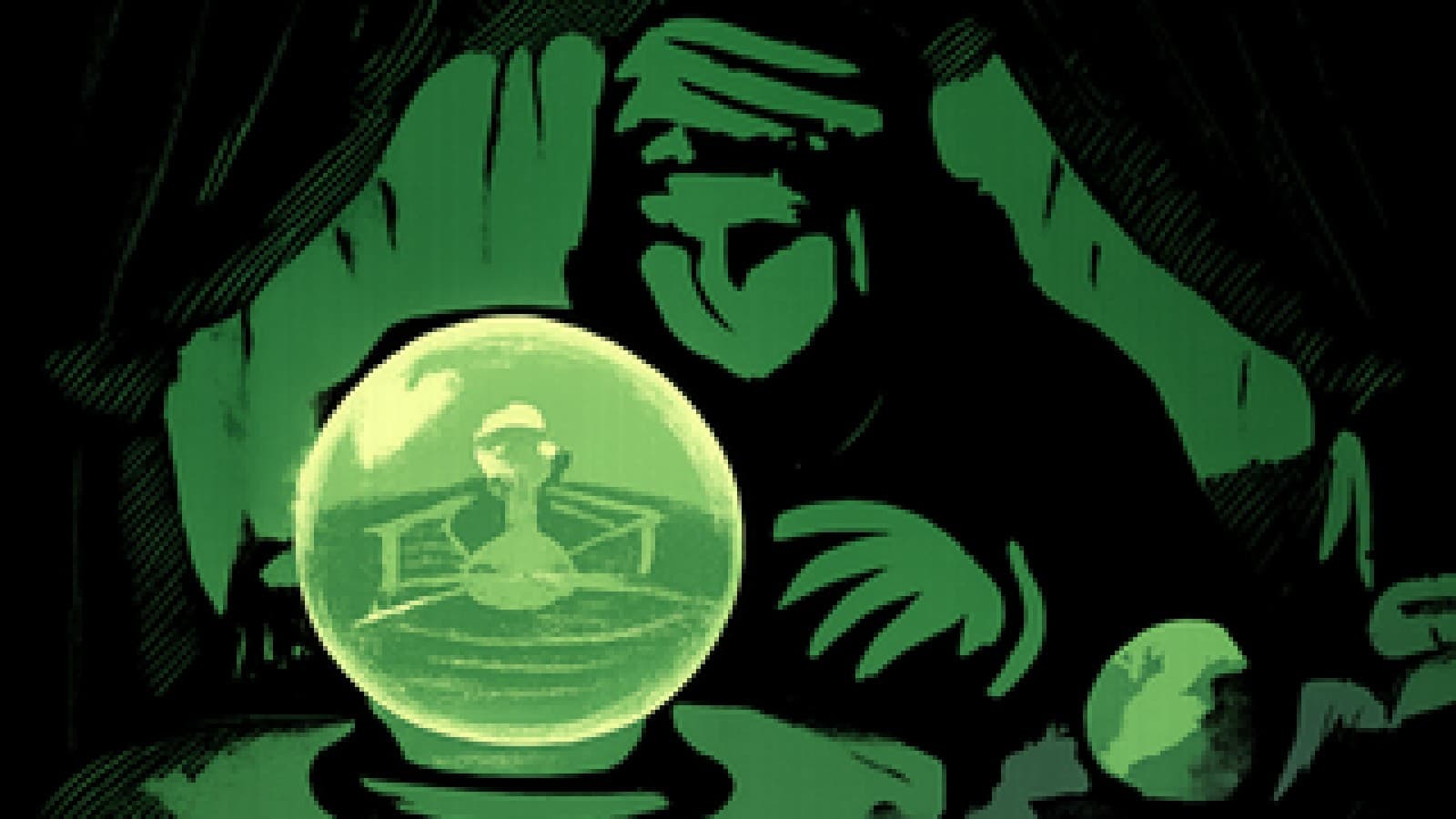Pixel-art crystal ball showing a striped ball resting on a crown while a yellow ball rolls away into mist.