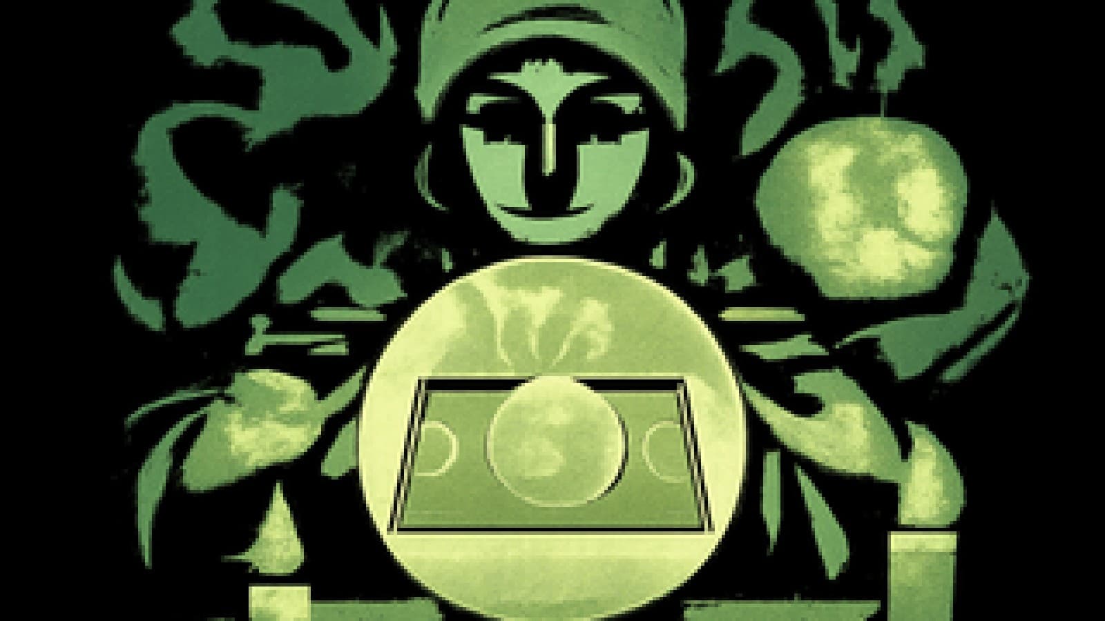 Crystal ball on a fortune teller's table showing a crowned blue-and-white futsal ball while a yellow-green ball fades into mist.