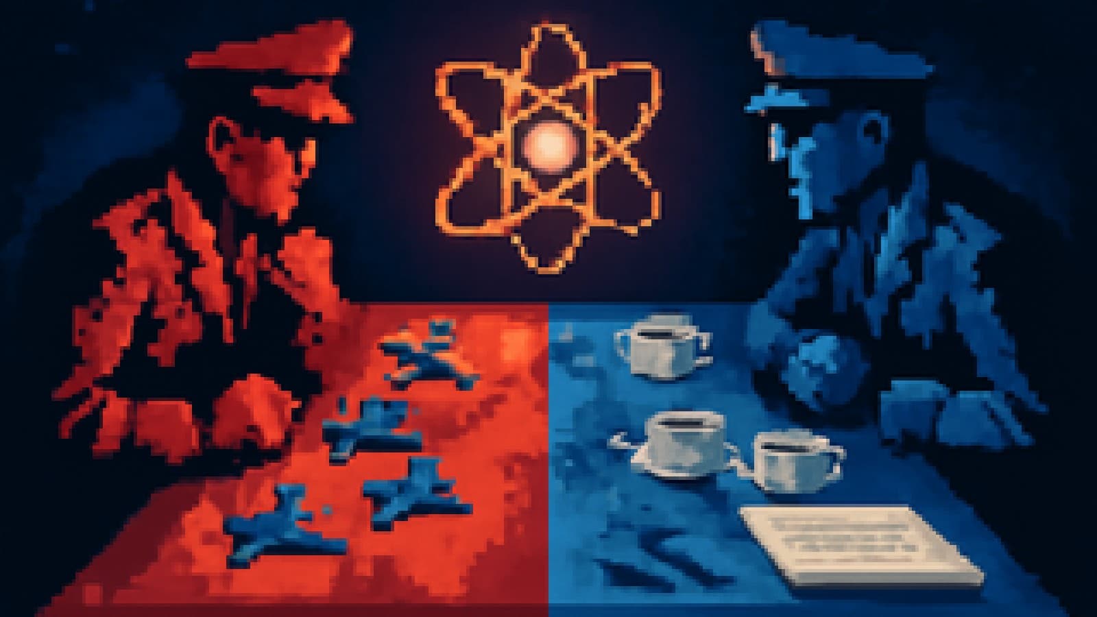 Pixel-art war room with toy jets on one side of a table and teacups and treaty papers on the other, beneath a glowing atom.