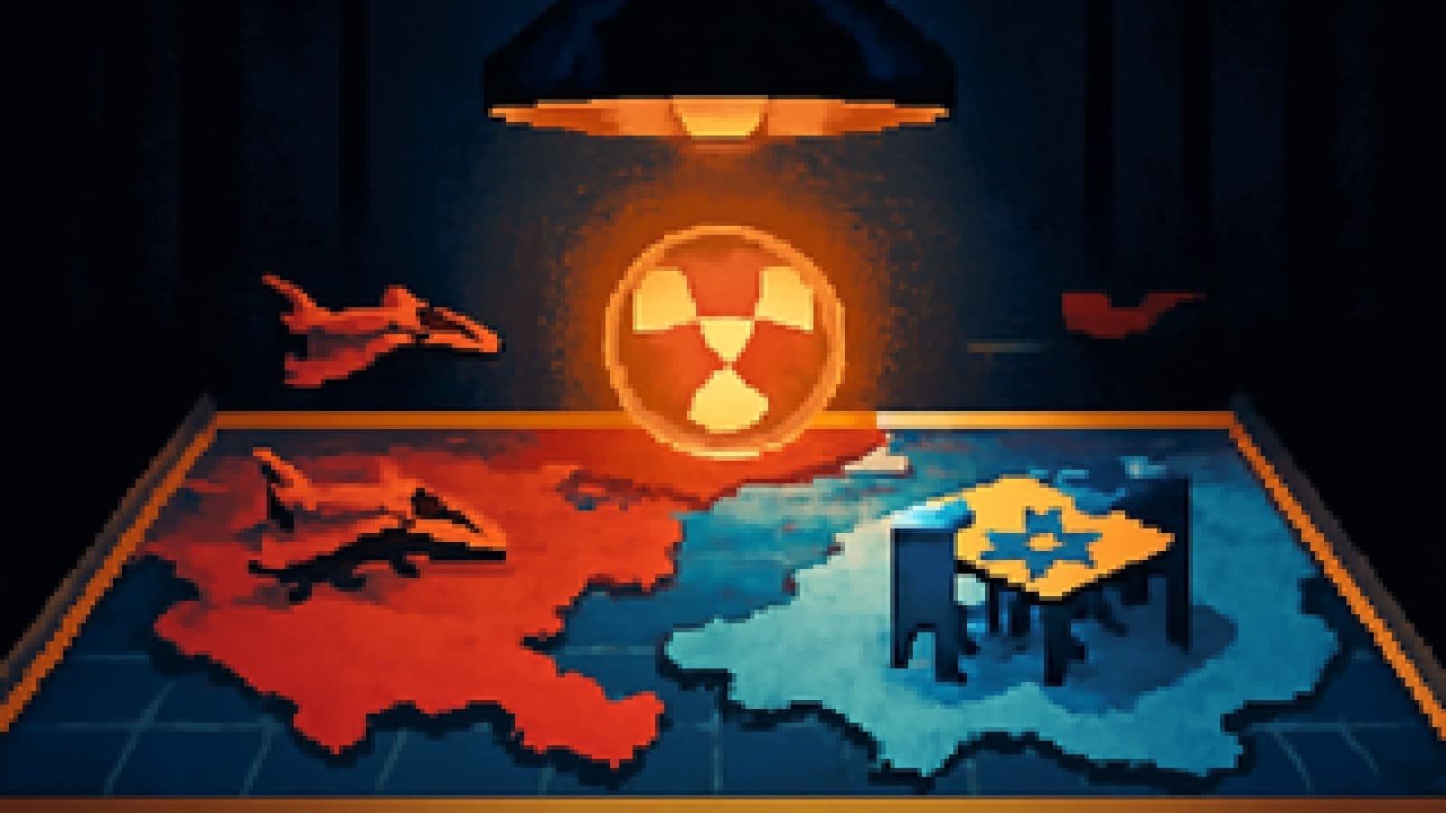 Pixel-art command table map split between military jets and a negotiating table, with a glowing atom in the middle.