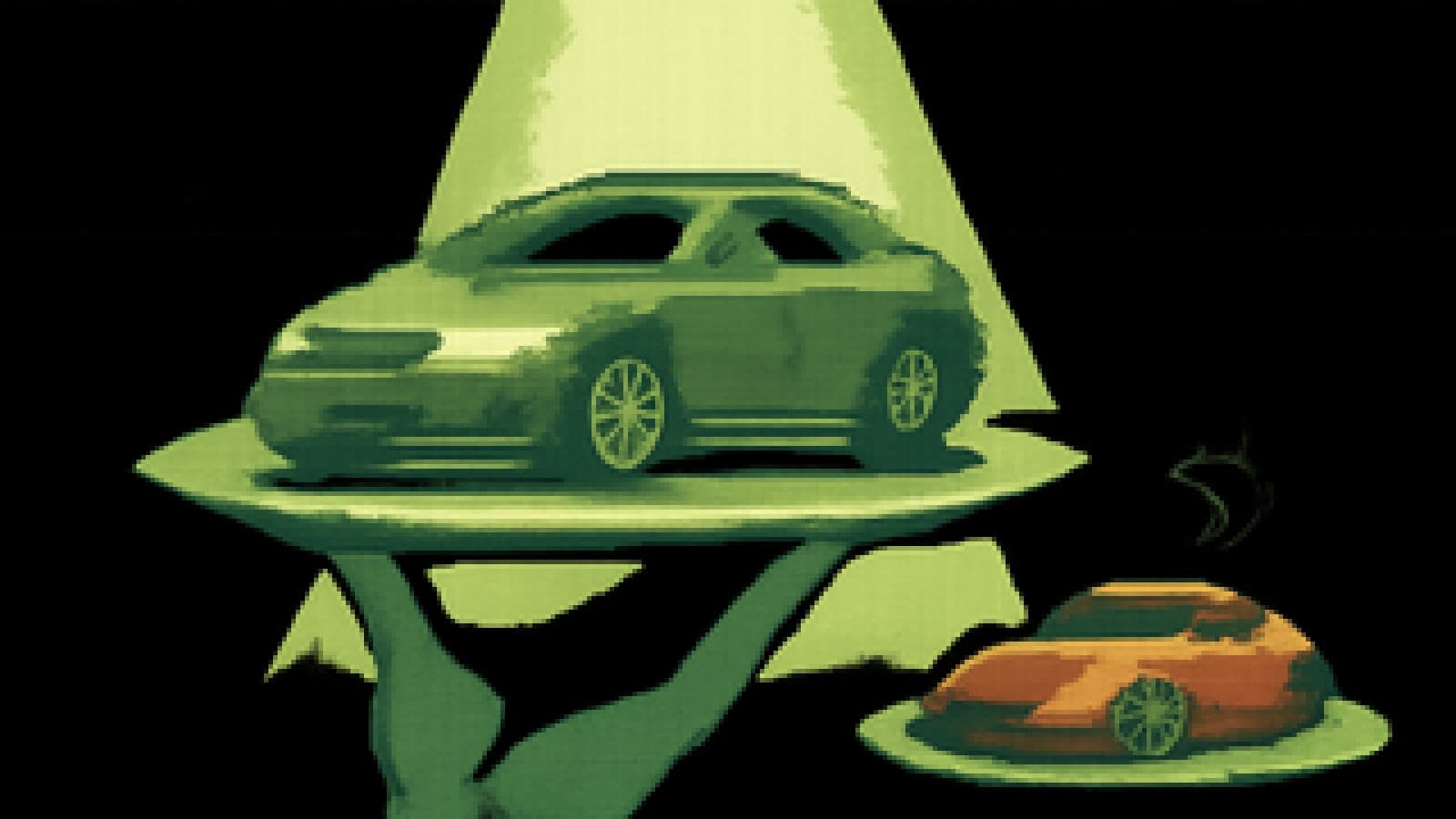 Pixel-art cook-off stage with a blue sedan on a silver platter in the spotlight and a red sports car on a smoking plate to one side.