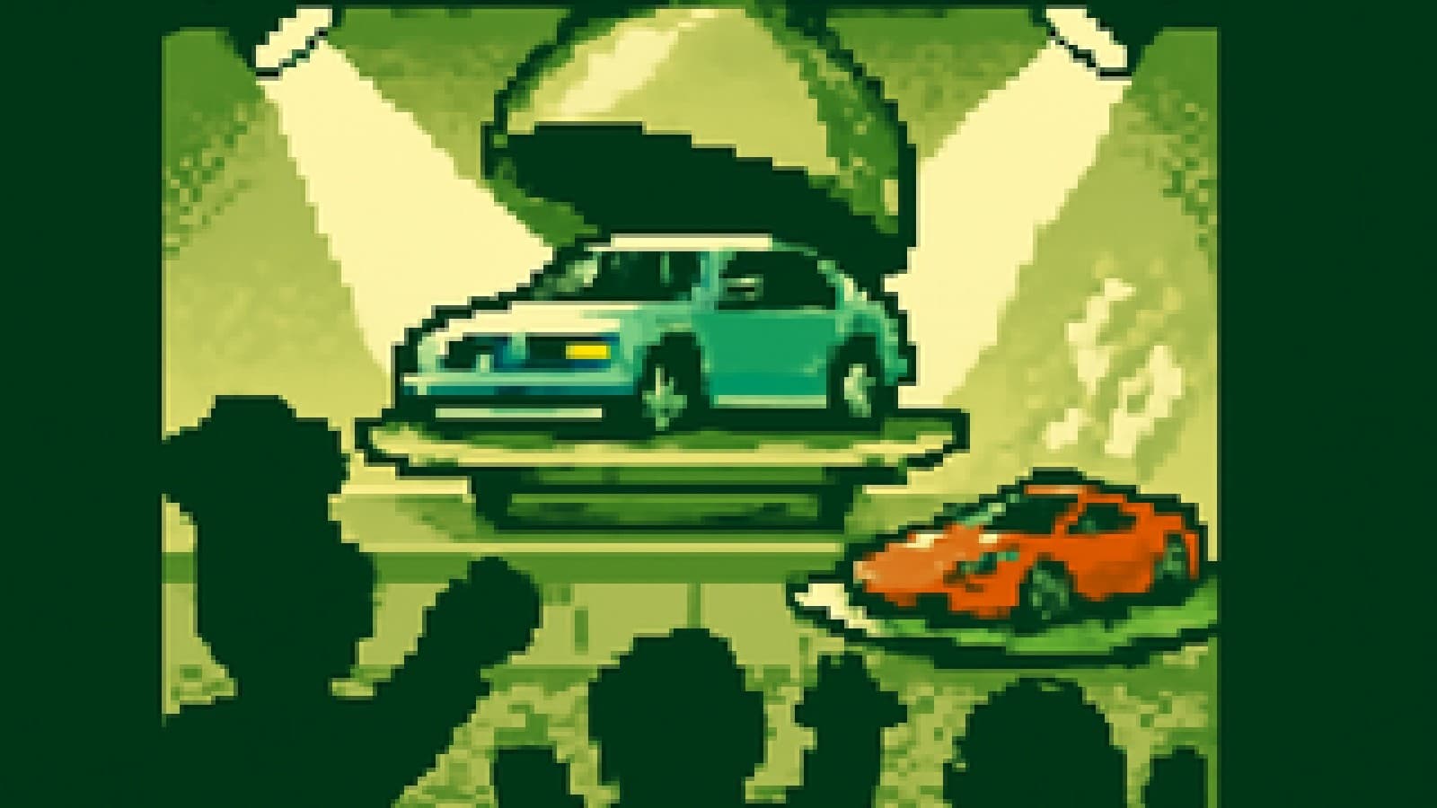 Pixel-art cooking competition with a blue sedan served triumphantly on a silver platter and a red supercar on a smoking plate beside it.