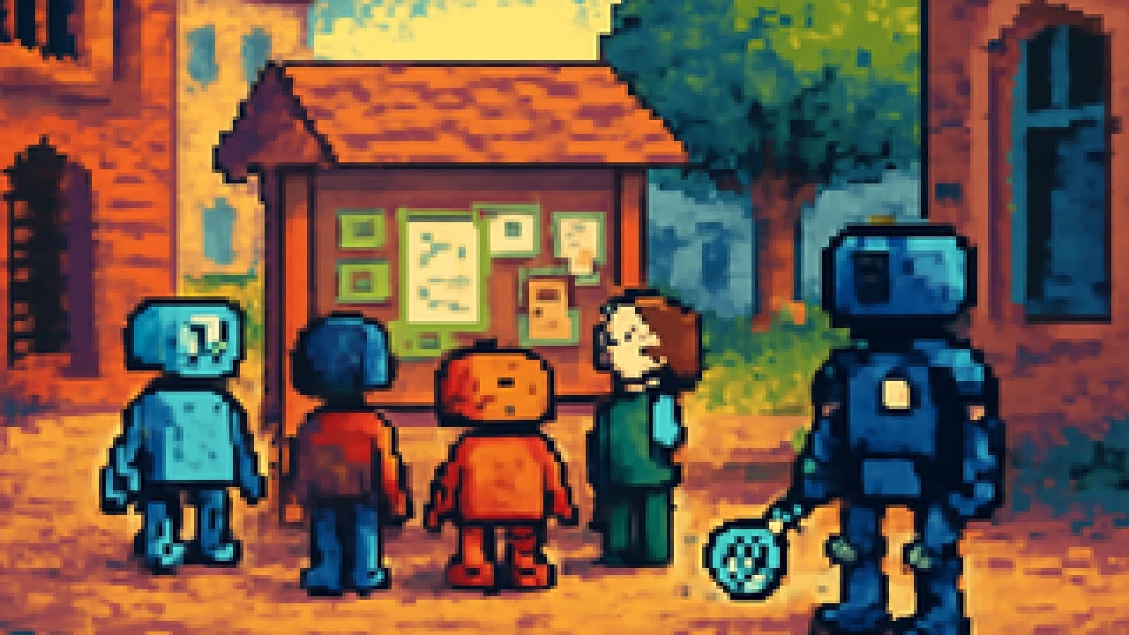 Pixel-art robots and people gathered at a community noticeboard while a robot officer watches from the side.