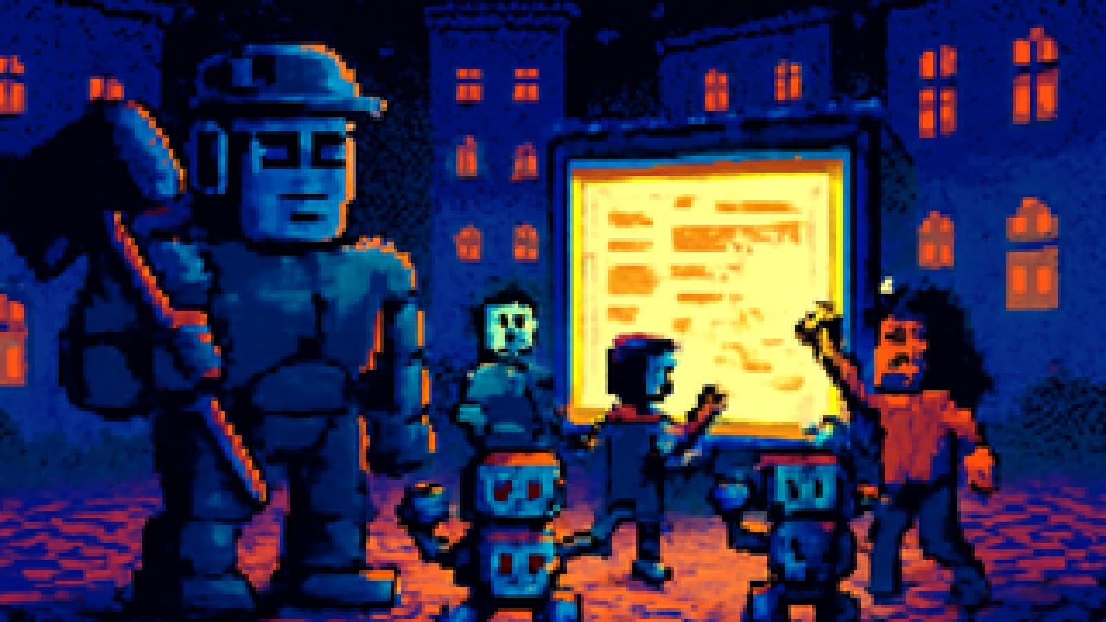 Pixel-art robots and people running a community meeting while a robot police officer with a banhammer stands to one side.