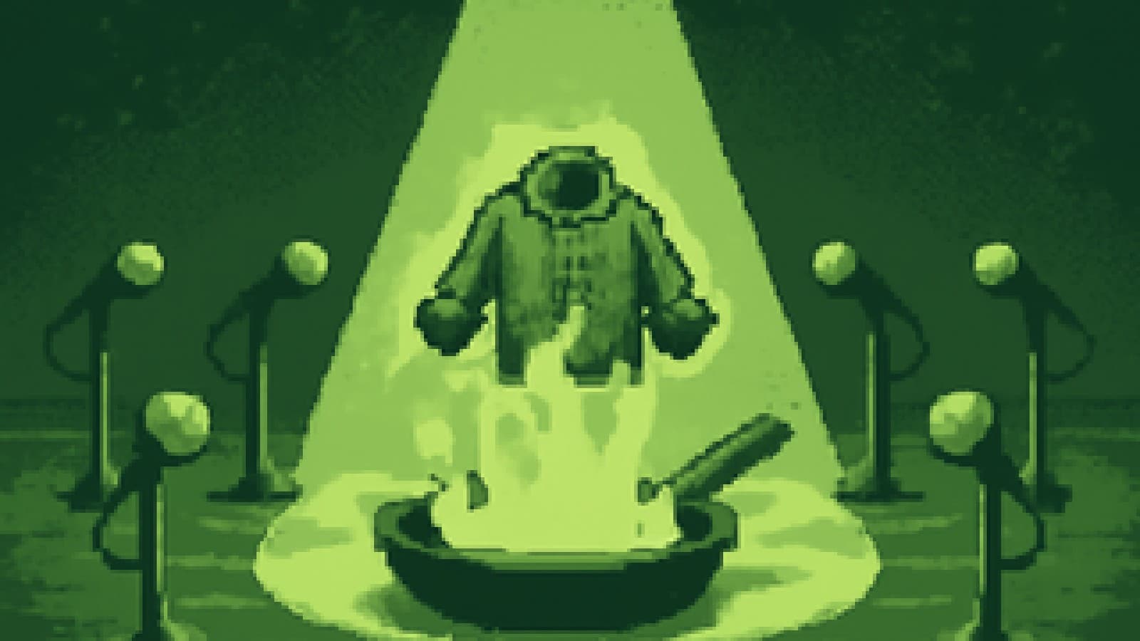 Pixel-art cook-off stage with five microphones as chef stations, the denim-wrapped one glowing brightest under a spotlight