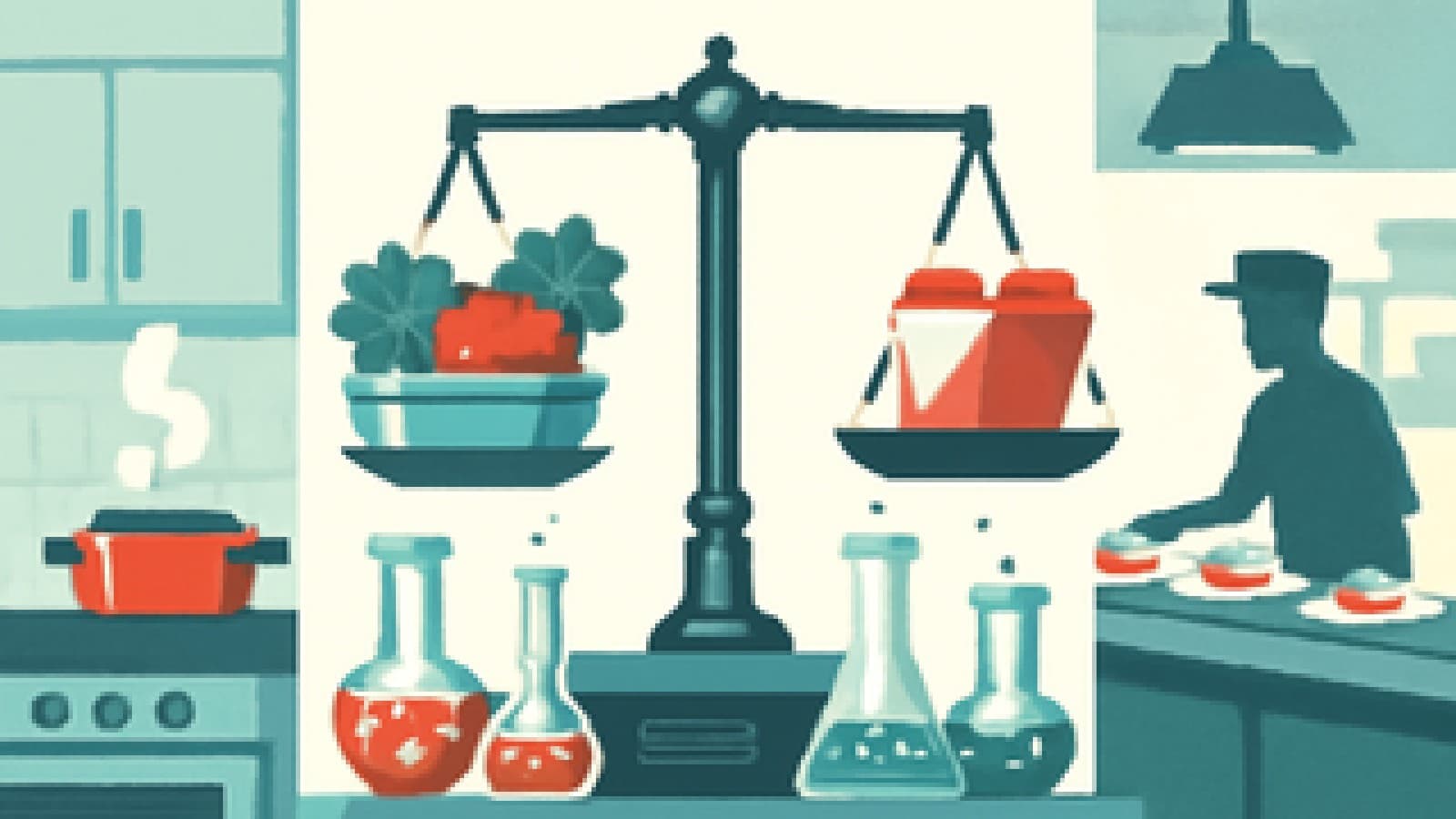 Pixel art of a balance scale on a lab bench weighing home cooking against a restaurant meal, with a kitchen on one side and a restaurant on the other.