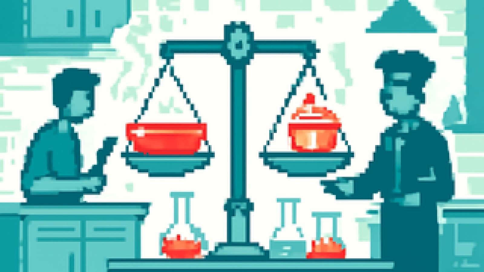 Pixel art of a balance scale weighing a home-cooked meal against a takeaway box, with a kitchen and a restaurant on either side.