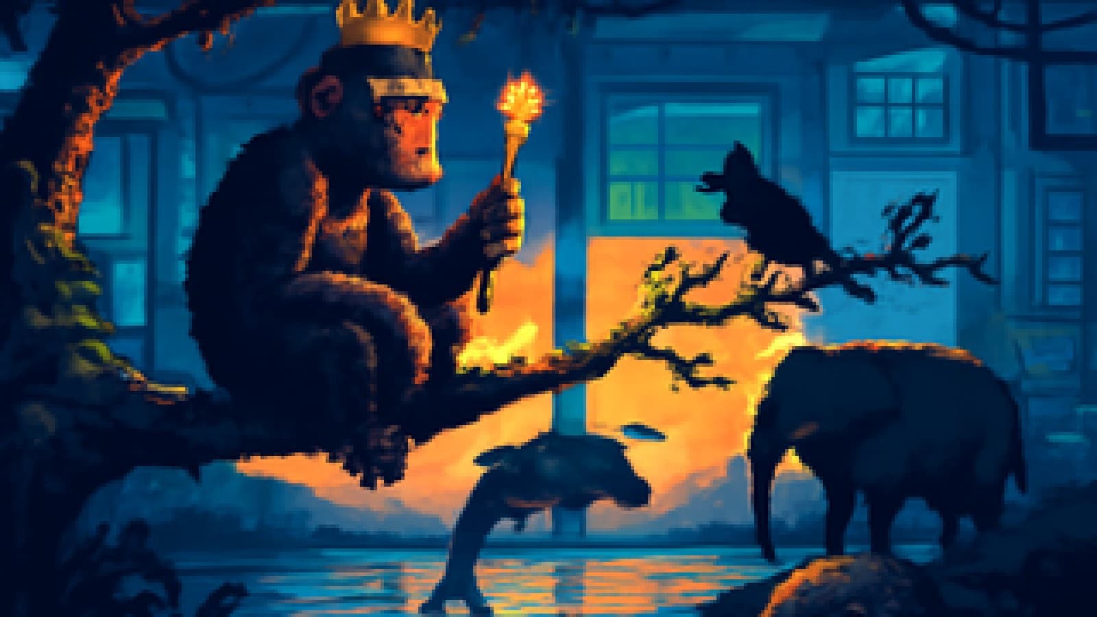 Pixel art of a crowned chimpanzee on a branch, with a dolphin, crow, elephant and octopus looking on from the jungle river.