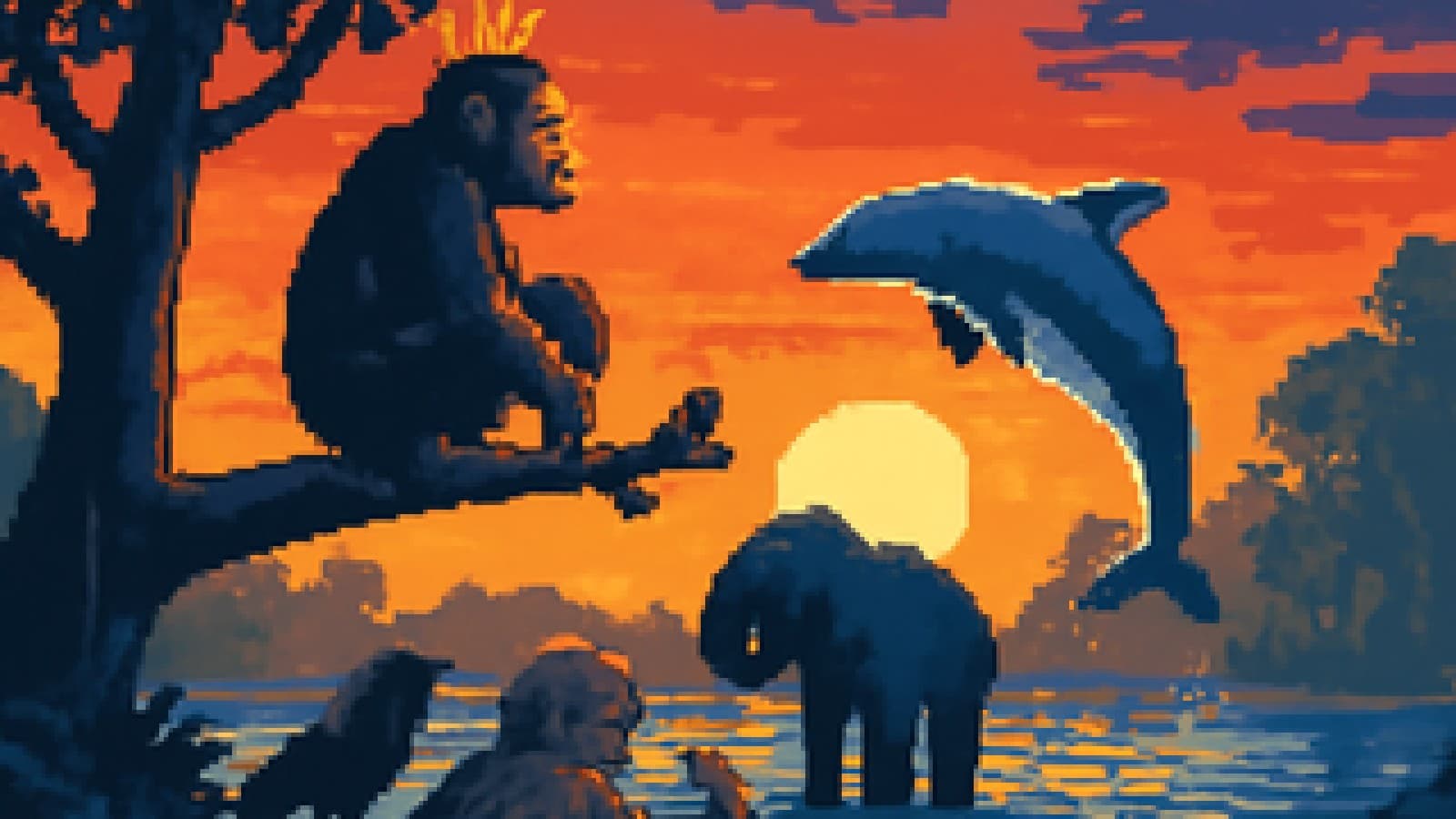 Pixel-art jungle scene of a crowned chimpanzee on a branch, watched by a dolphin, crow, elephant and octopus.