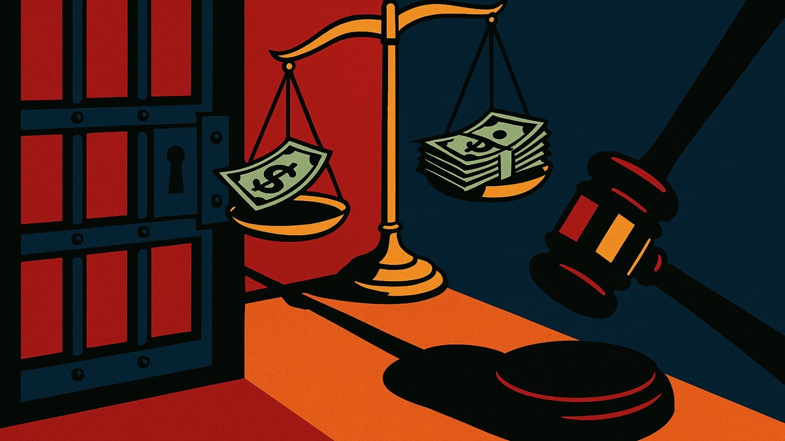 Ilustrasi timbangan keadilan yang miring dengan tumpukan uang di tengahnya, diapit pintu sel penjara dan palu hakim.