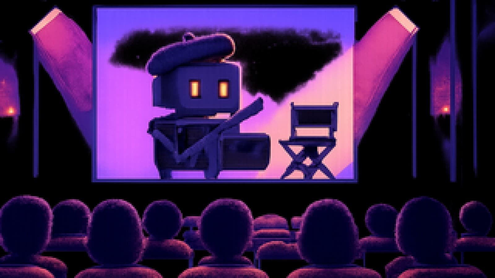 Pixel-art cinema audience turning away from a robot director on screen while a spotlight falls on an empty director's chair