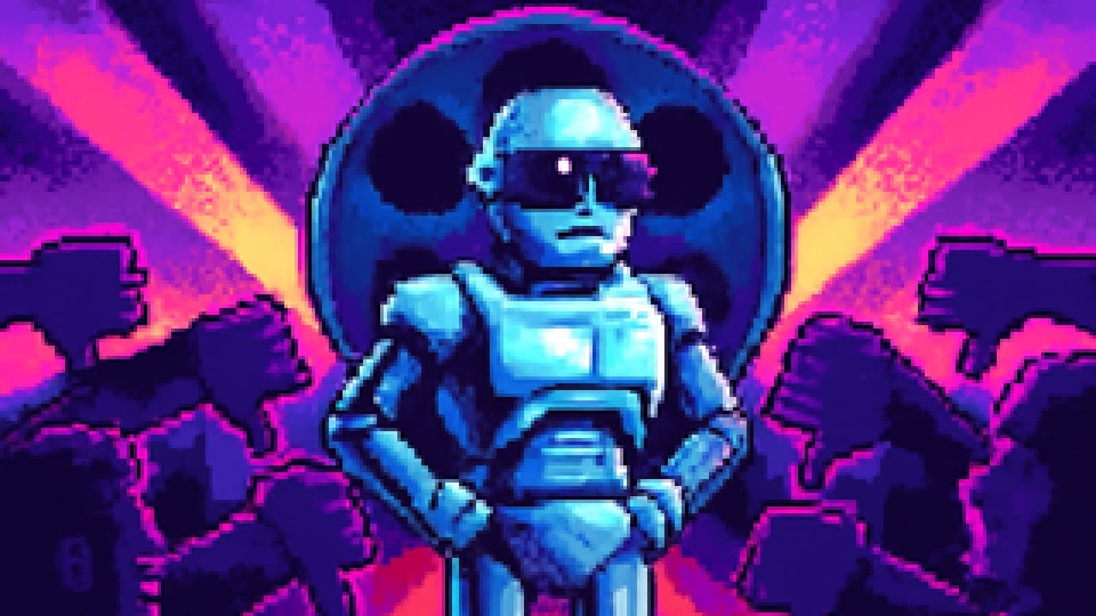 Pixel-art premiere crowd giving a thumbs-down to a robot posing on the red carpet beside a giant film reel