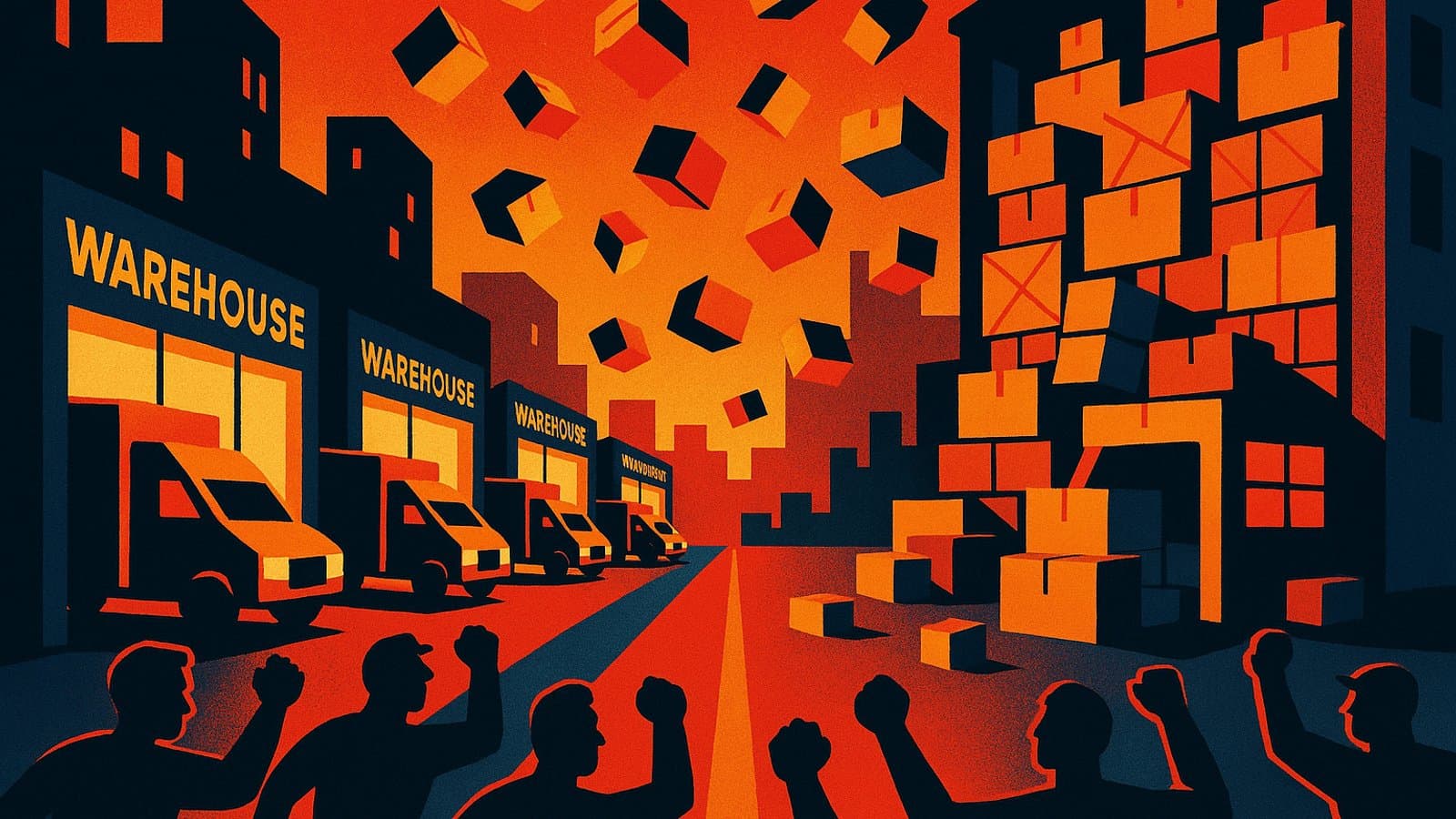 Illustration of small local warehouses squaring off against a huge overstuffed warehouse while boxes fly between them