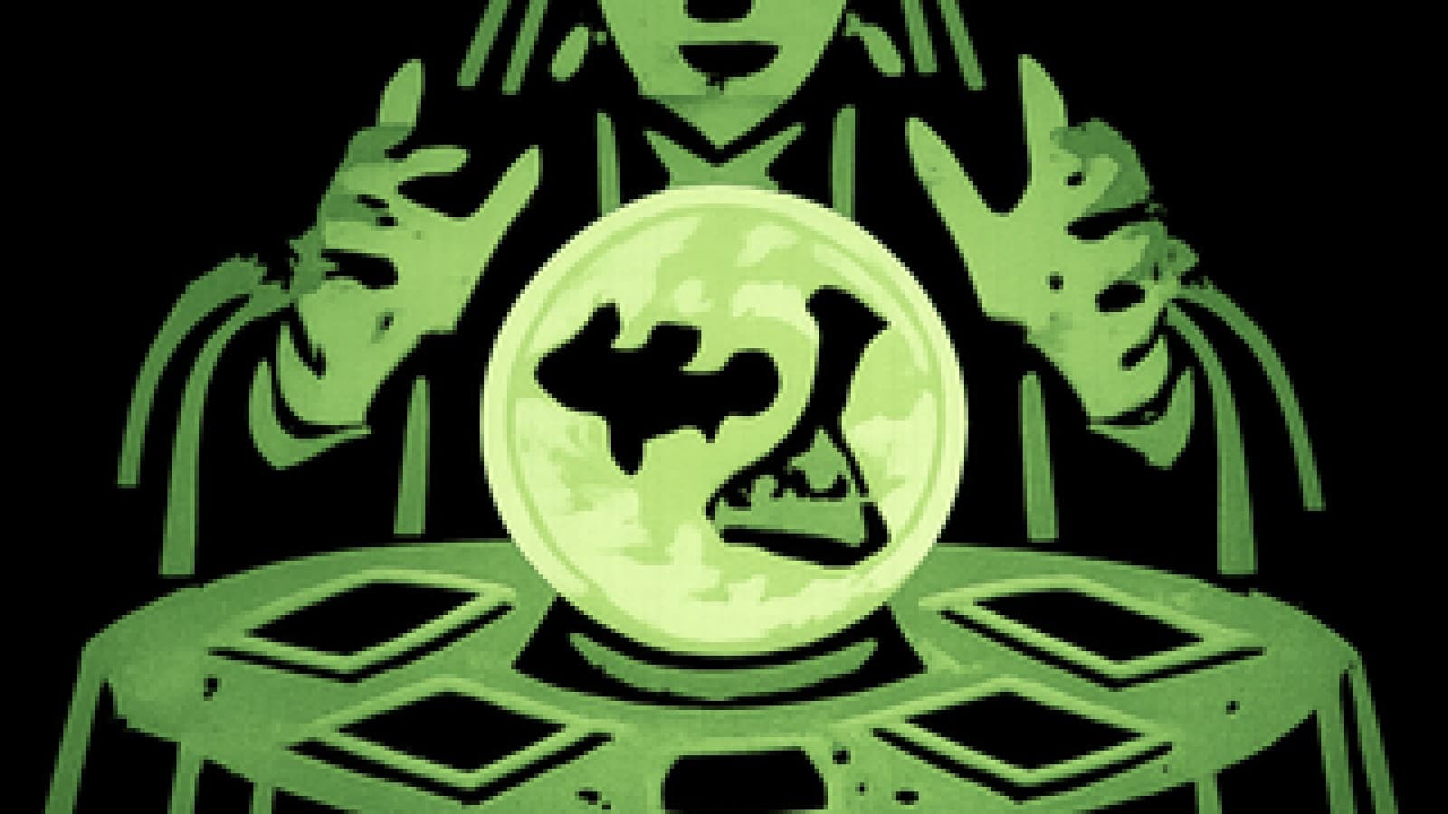 A crystal ball on a velvet table with a bat and a lab flask swirling inside it, surrounded by face-down tarot cards.